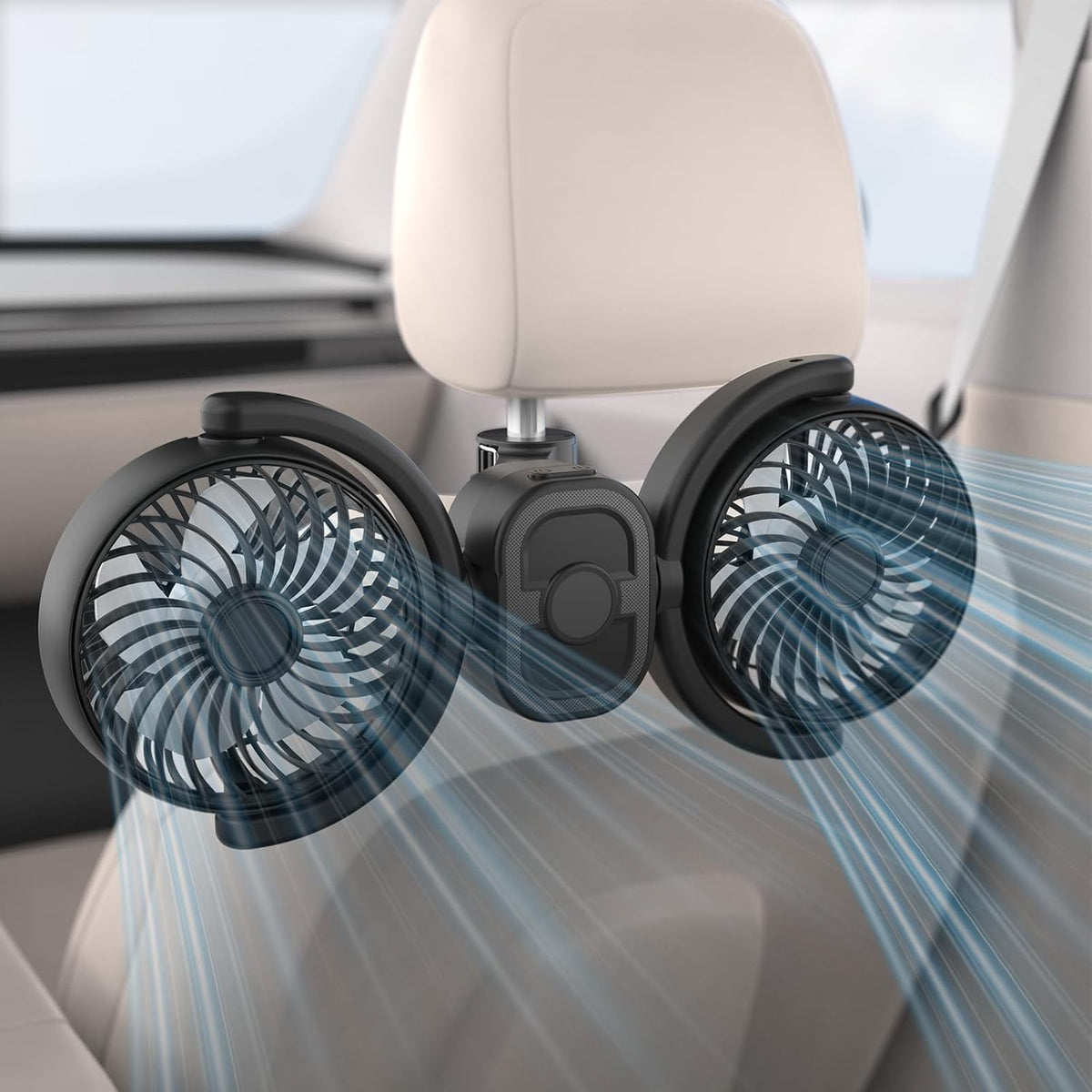 Hayousui rechargeable dual head car fan front view showing black twin cooling heads and headrest clip mount.