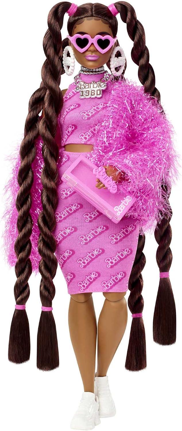 Close up of Barbie Extra doll brunette hair with pink ribbons and braids