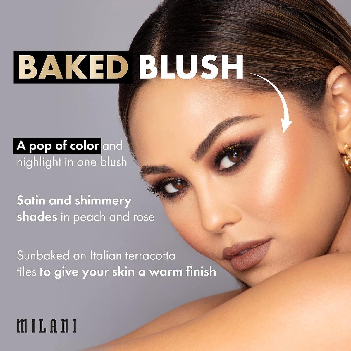 Side angle of the imported Milani Baked Blush compact featuring the built-in mirror and applicator compartment.