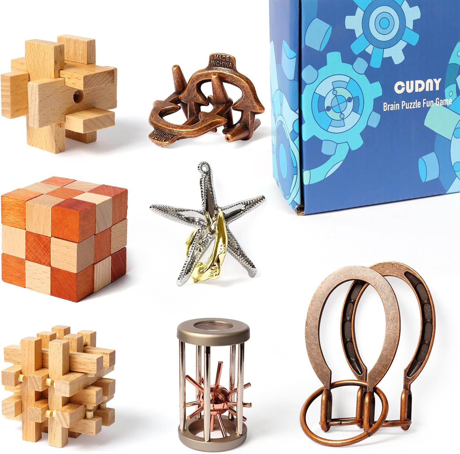 CUDNY 7 Pieces Cool Mind Puzzles set showcasing 3D wooden and metal brain teaser games.