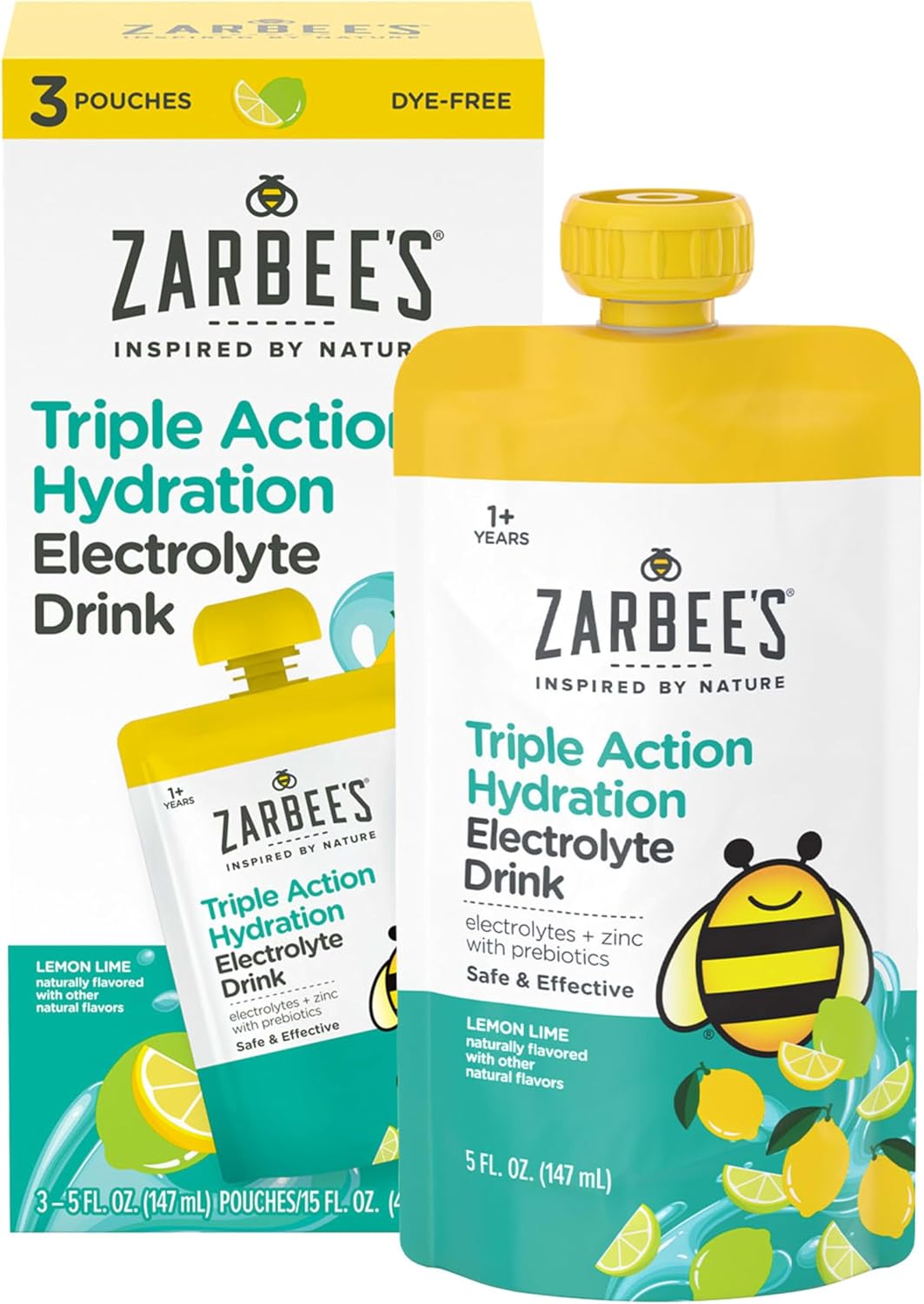 Zarbee's Triple Action Hydration Electrolyte Drink for Kids with Zinc & Prebiotics, Replenishes Lost Electrolytes and Helps Prevent Dehydration*, Dye-Free, Lemon Lime Flavor, 3 x 5 fl. oz - Image 1