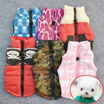 Small dog wearing camouflage warm winter vest