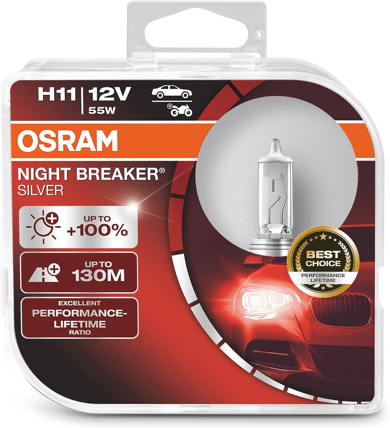 Osram Night Breaker Silver H11 halogen headlight bulb duo box front view showcasing authentic packaging.
