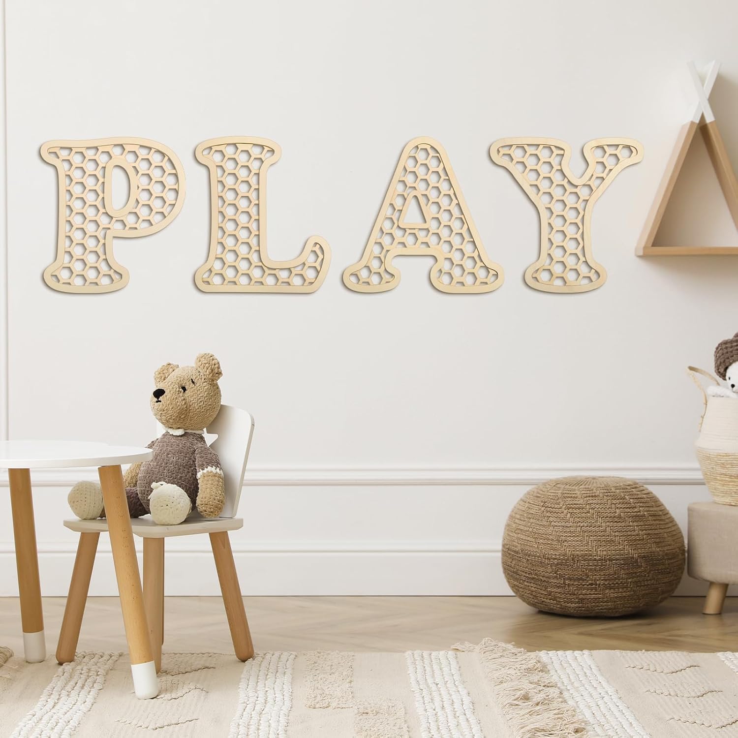 RattanView Wooden Rattan Letters Set front view showcasing bohemian PLAY sign wall decor.