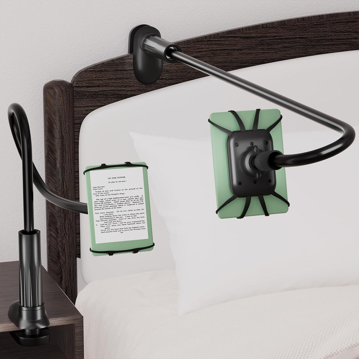 Arctiiro gooseneck kindle holder front view showing flexible arm attached to a bed headboard