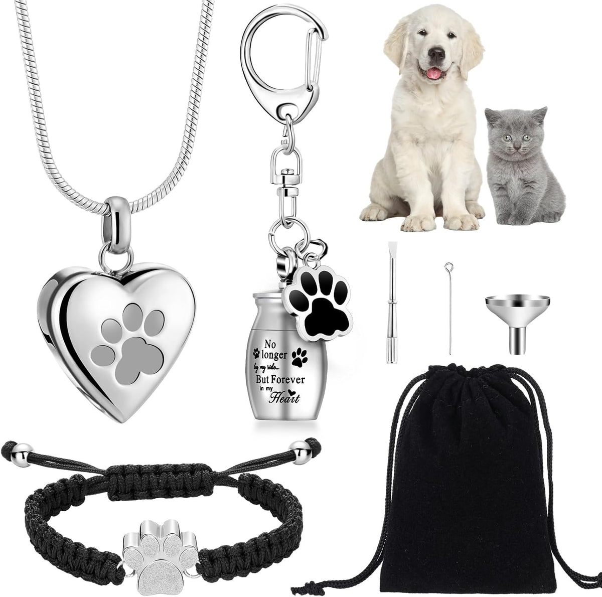 Tondiamo pet cremation jewelry set showing silver heart necklace bracelet and keychain front view