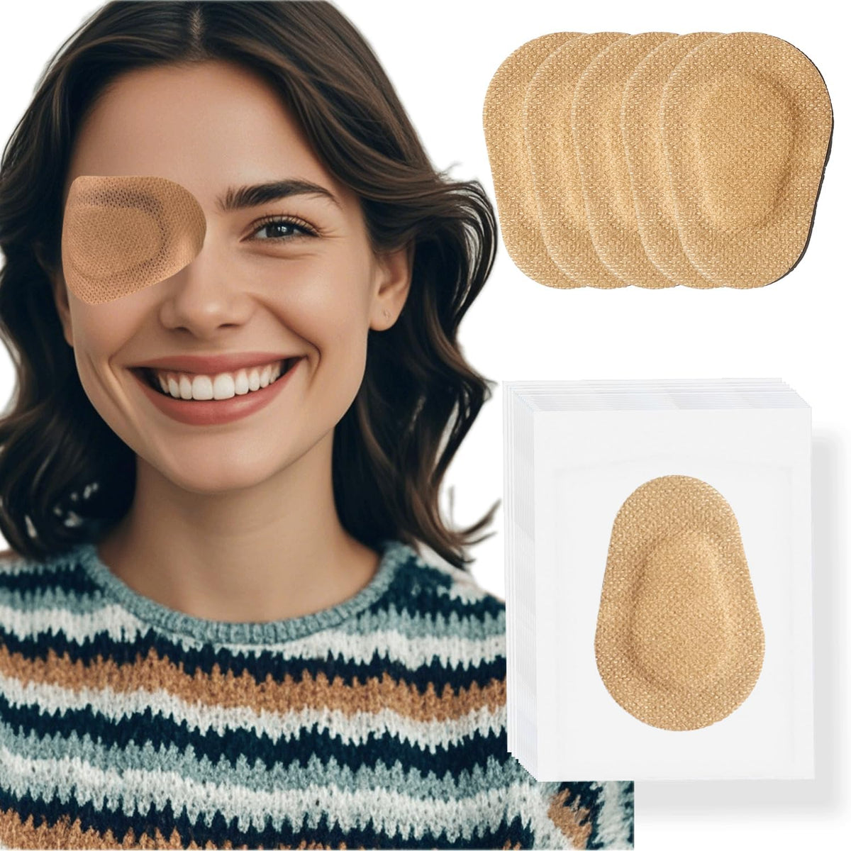 THSIREE Adhesive Eye Patches for Adults front view of the packaging box showing nude colored disposable medical bandages.