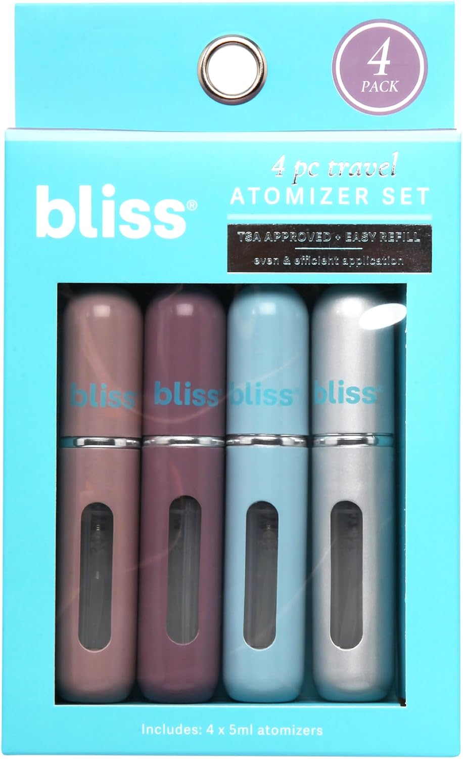 Bliss pocket size cologne travel container set with caps off.