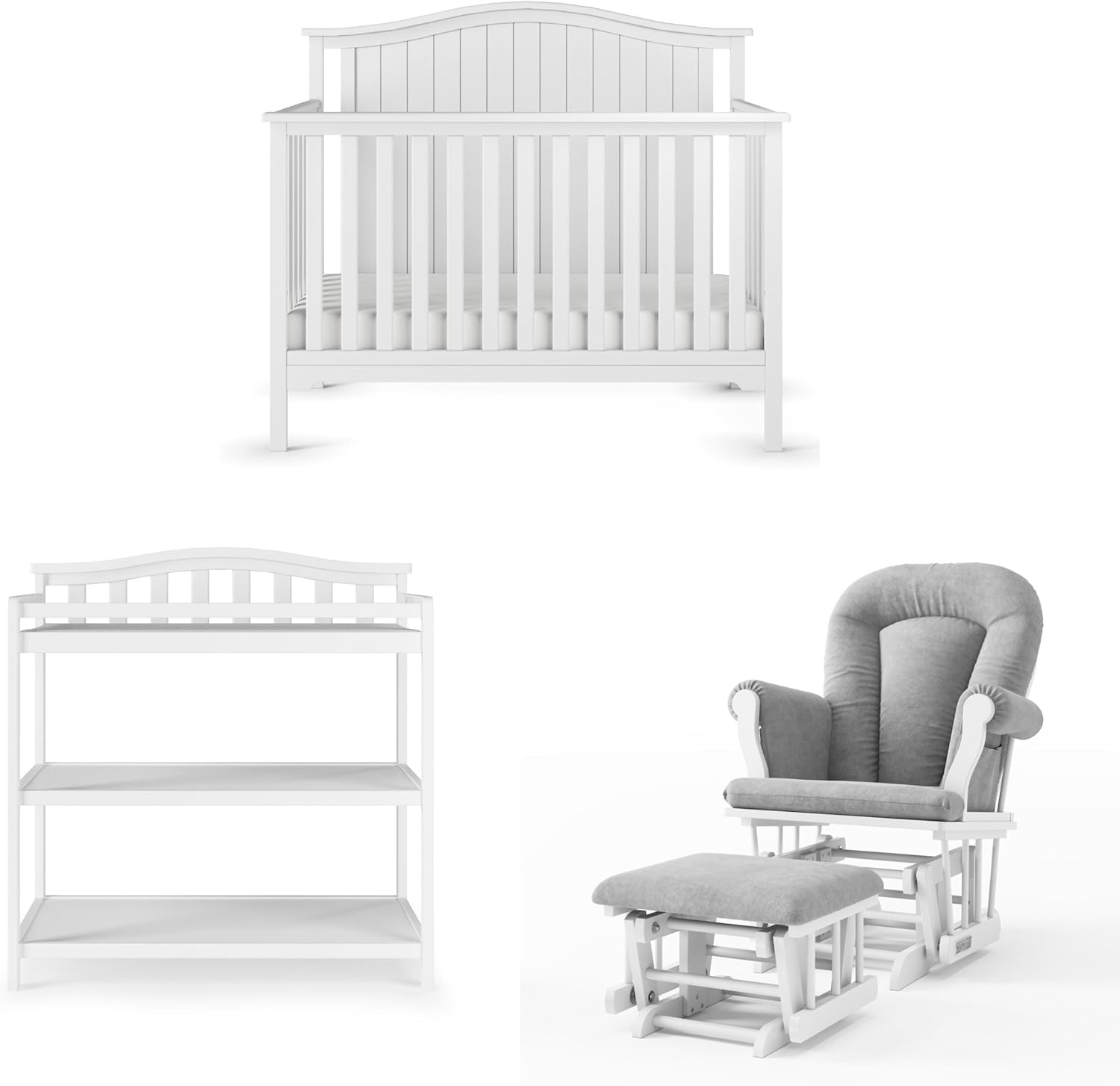 Child Craft Hampton Arch Top 3 Piece Nursery Set front view matte white convertible crib and changing table