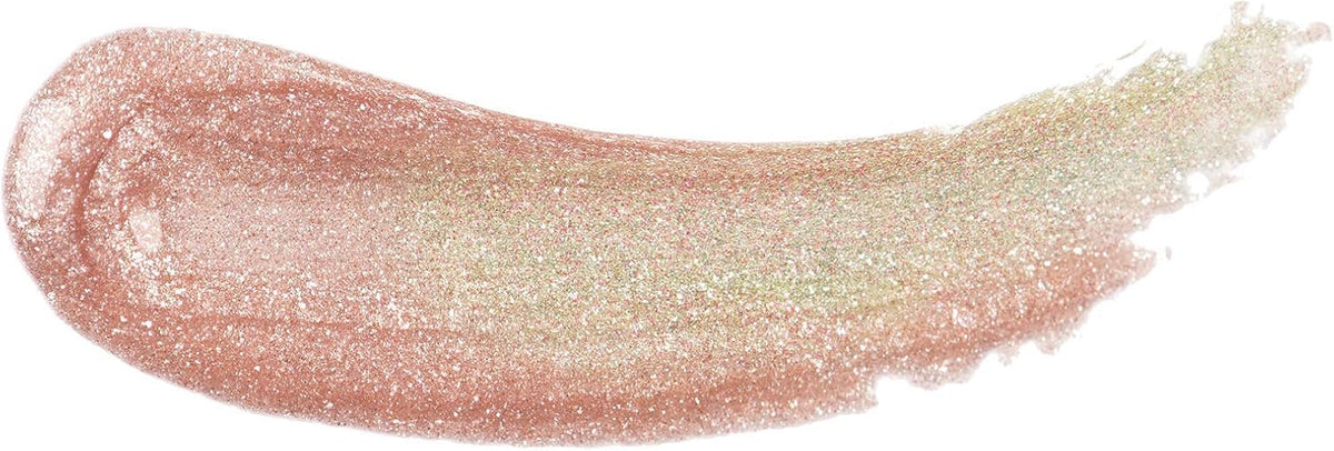 Milani Luster Light lip topper swatched next to the product bottle highlighting the iridescent shimmer finish