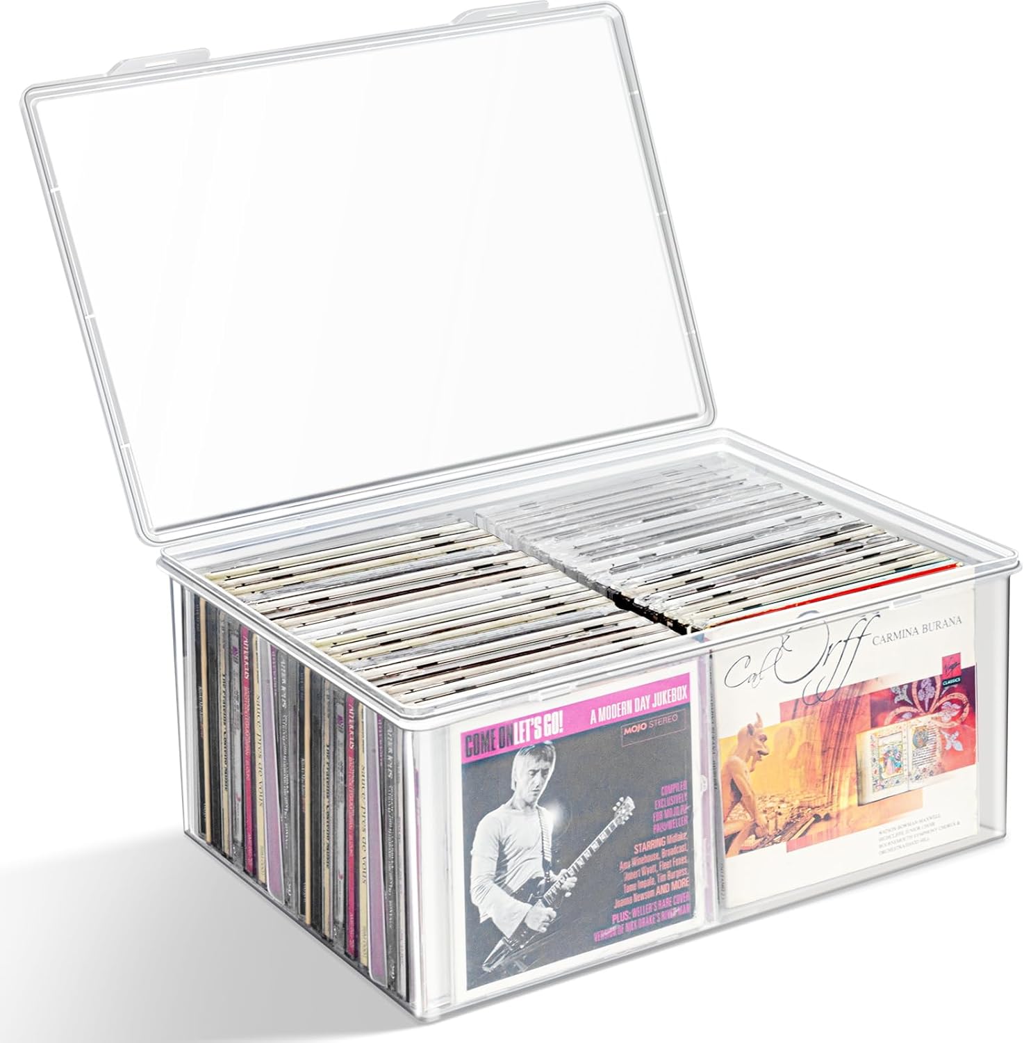 Tutata clear plastic CD storage box front view displaying standard jewel cases stored inside neatly