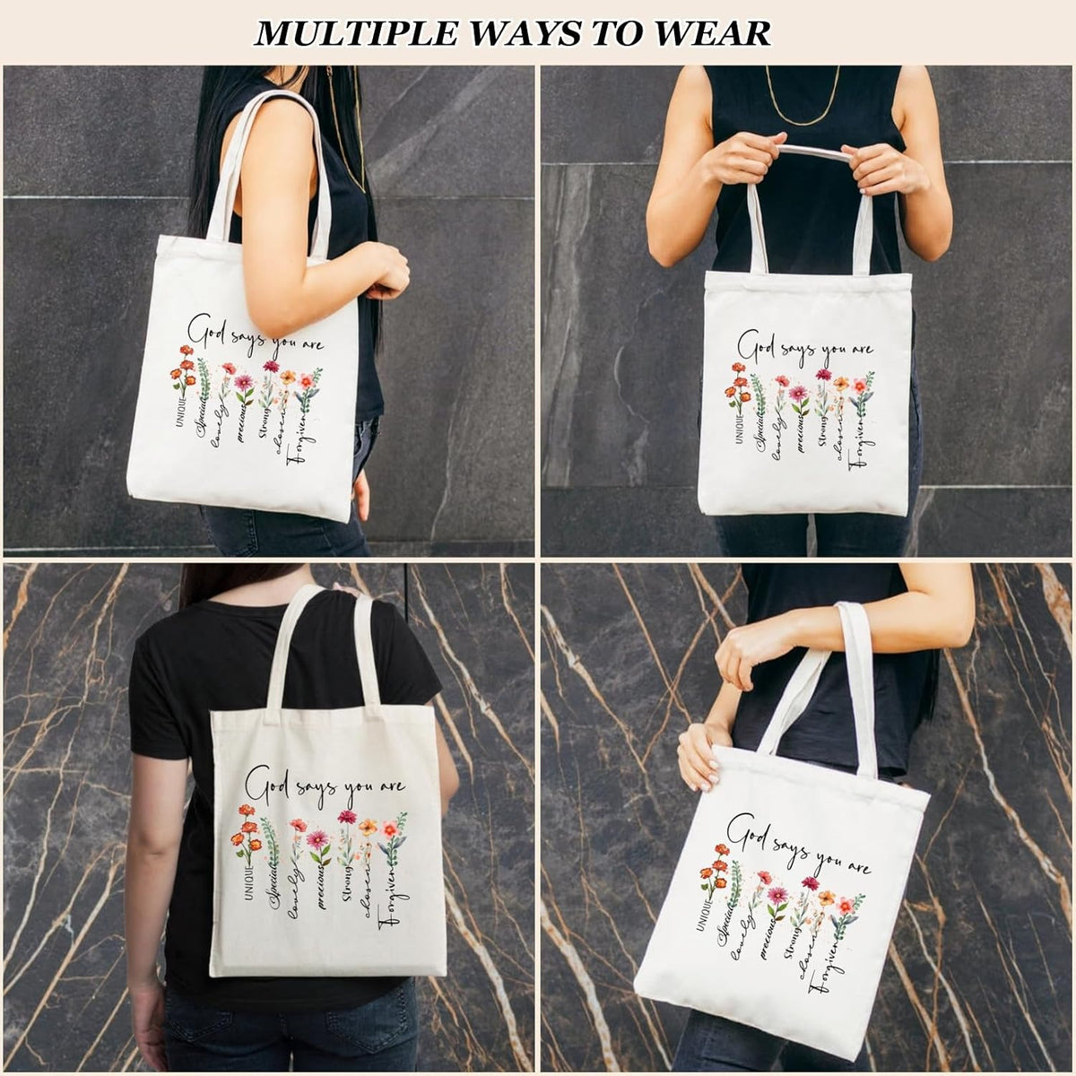 Nioobager canvas Christian tote bag handle drop perspective