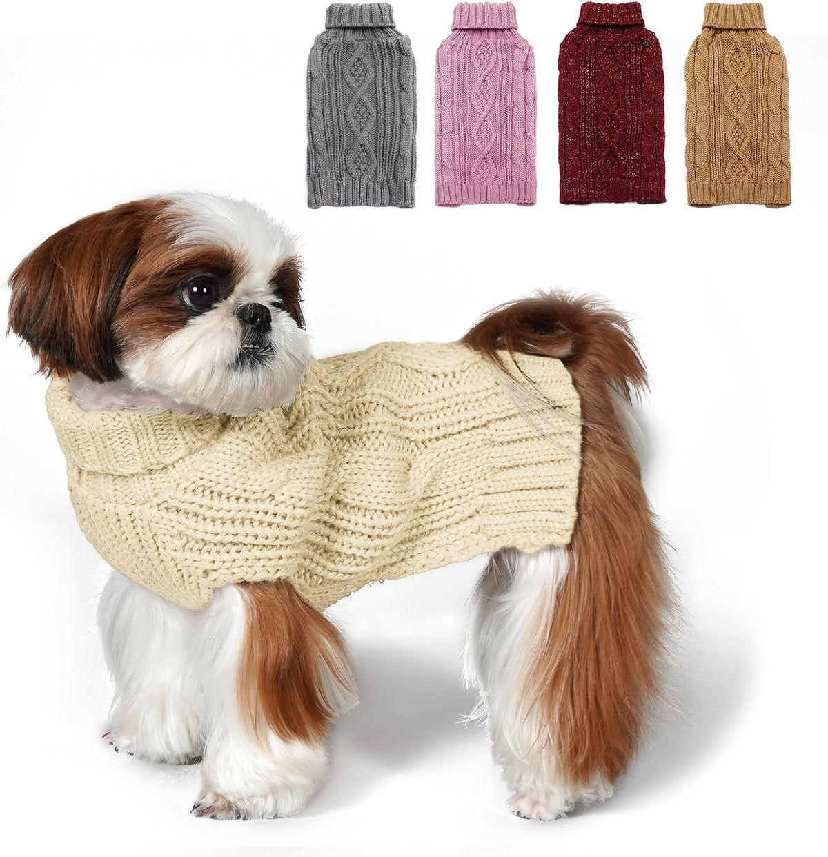Kyeese dog sweater front view showcasing cable knit and golden thread