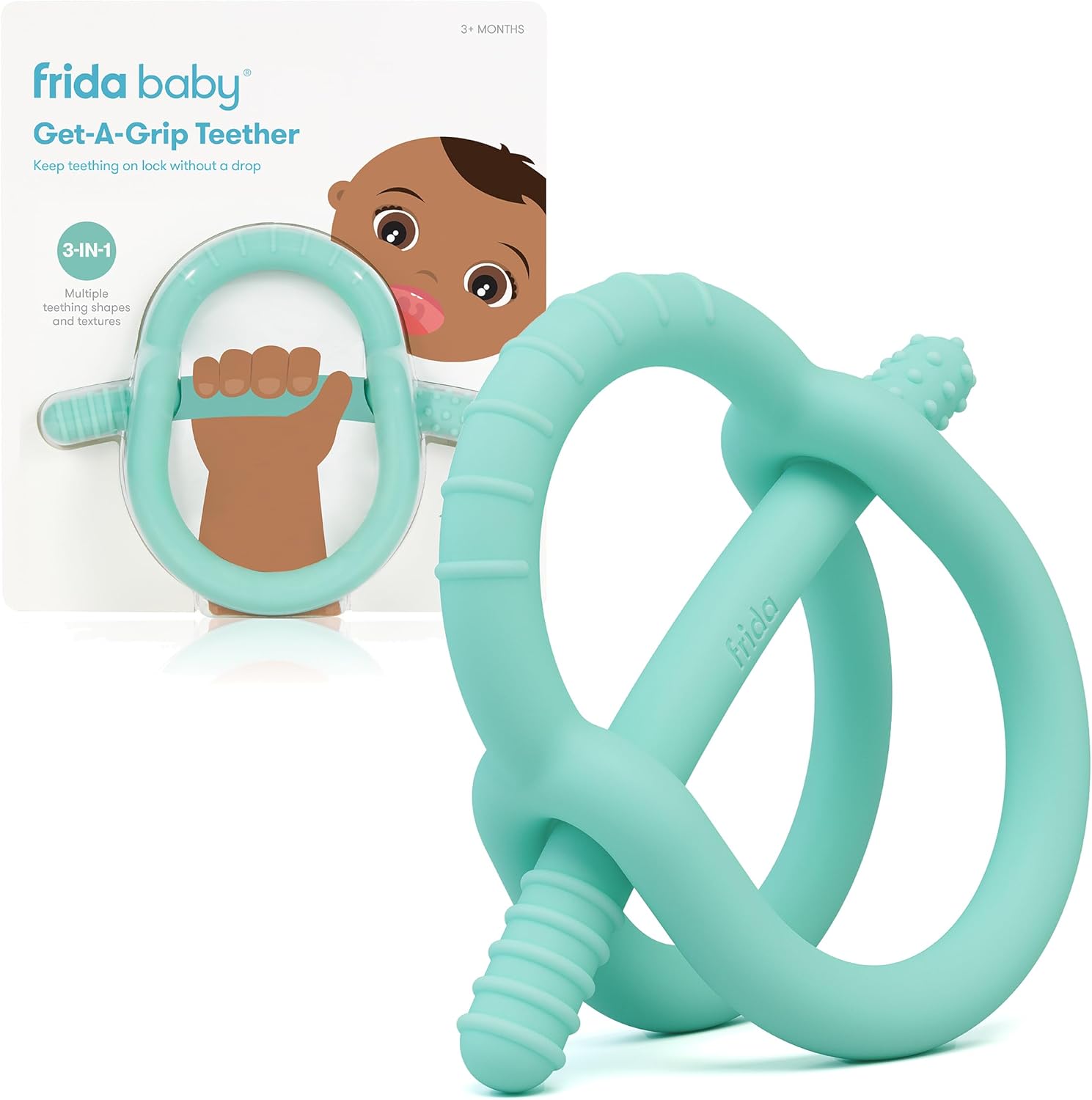 Frida Baby Get-A-Grip Silicone Teether front view showing the teal wearable ring design for infant teething pain relief.