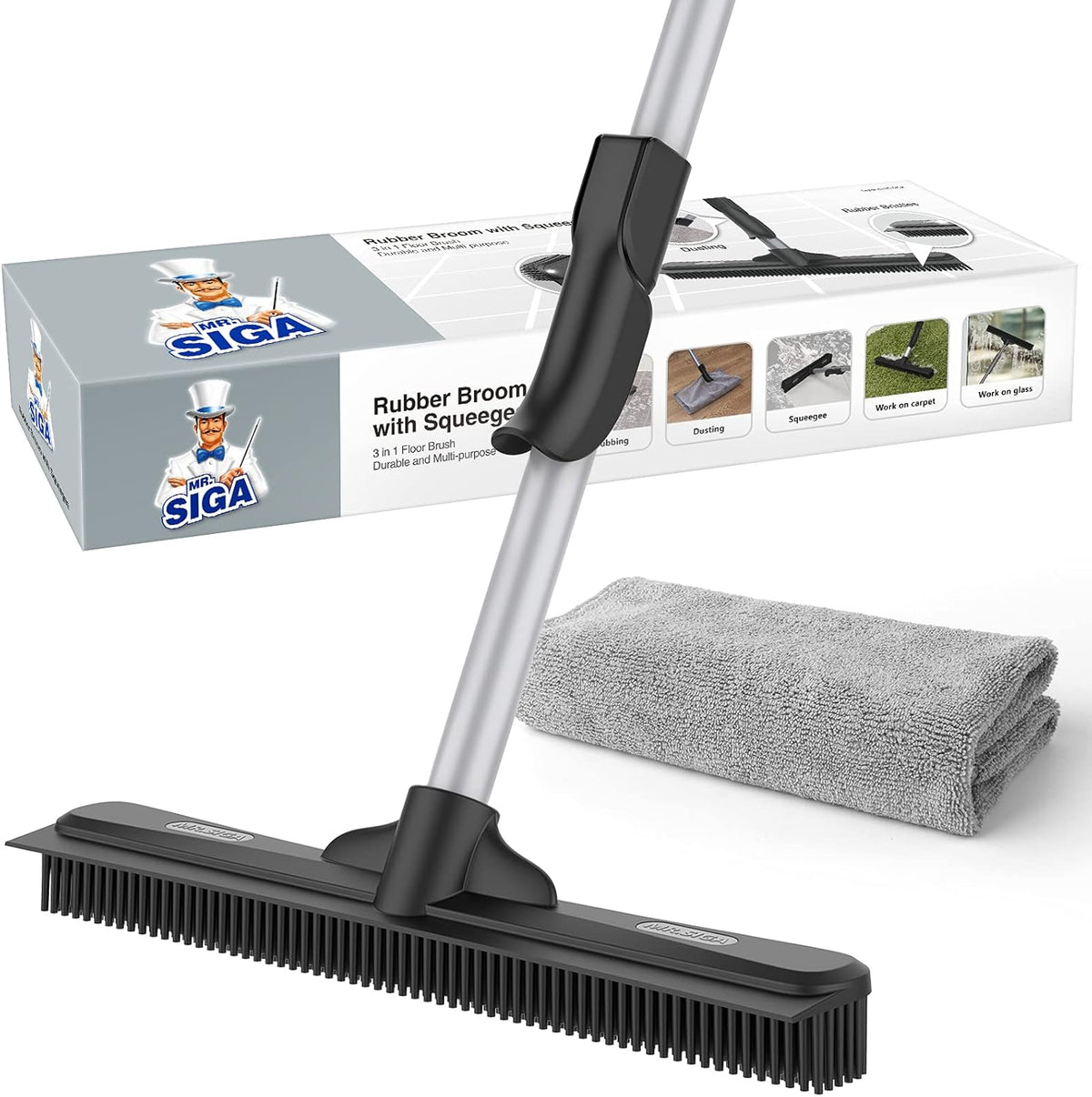 MR.SIGA pet hair removal rubber broom front view on carpet floor