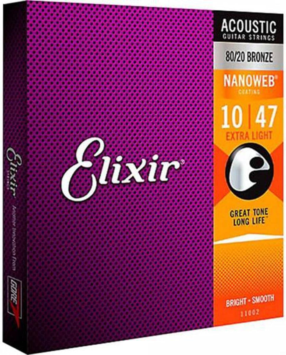 Elixir 11002 Nanoweb Extra Light acoustic guitar strings front view acoustic strings package