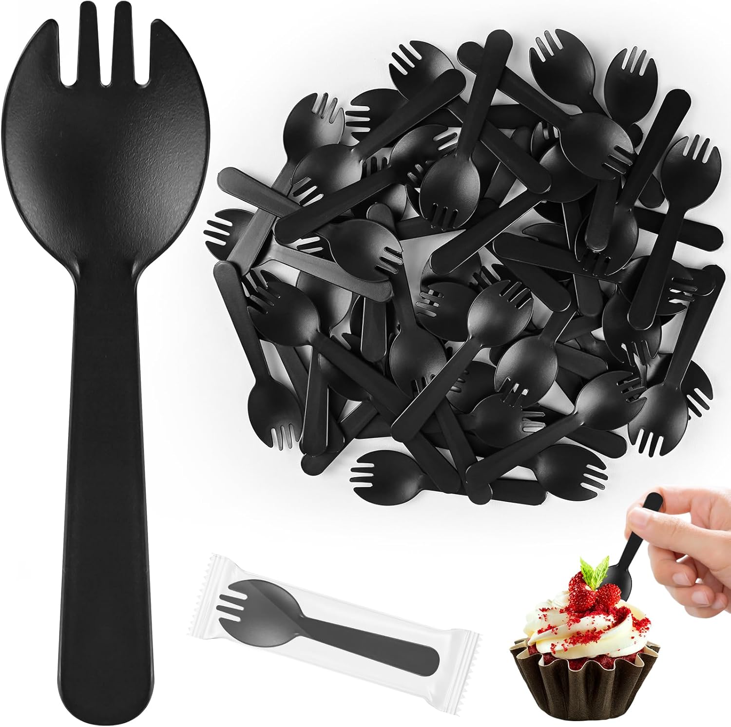 NFSQ disposable sporks front view bulk packaging for catering events.