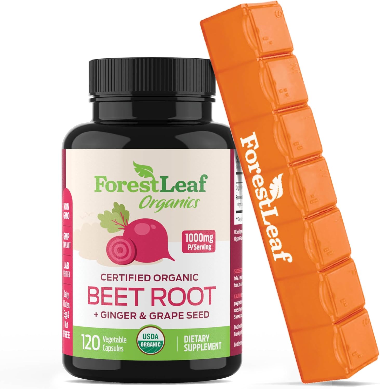 Organic Beet Root Capsules with Ginger and Grape Seed 1000mg Serving - 20:1 Beetroot Extract - Supports Blood Flow and Energy - Beets Supplements w/Beet Root Powder (Organe, 120 Count (Pack of 1)) - Image 1