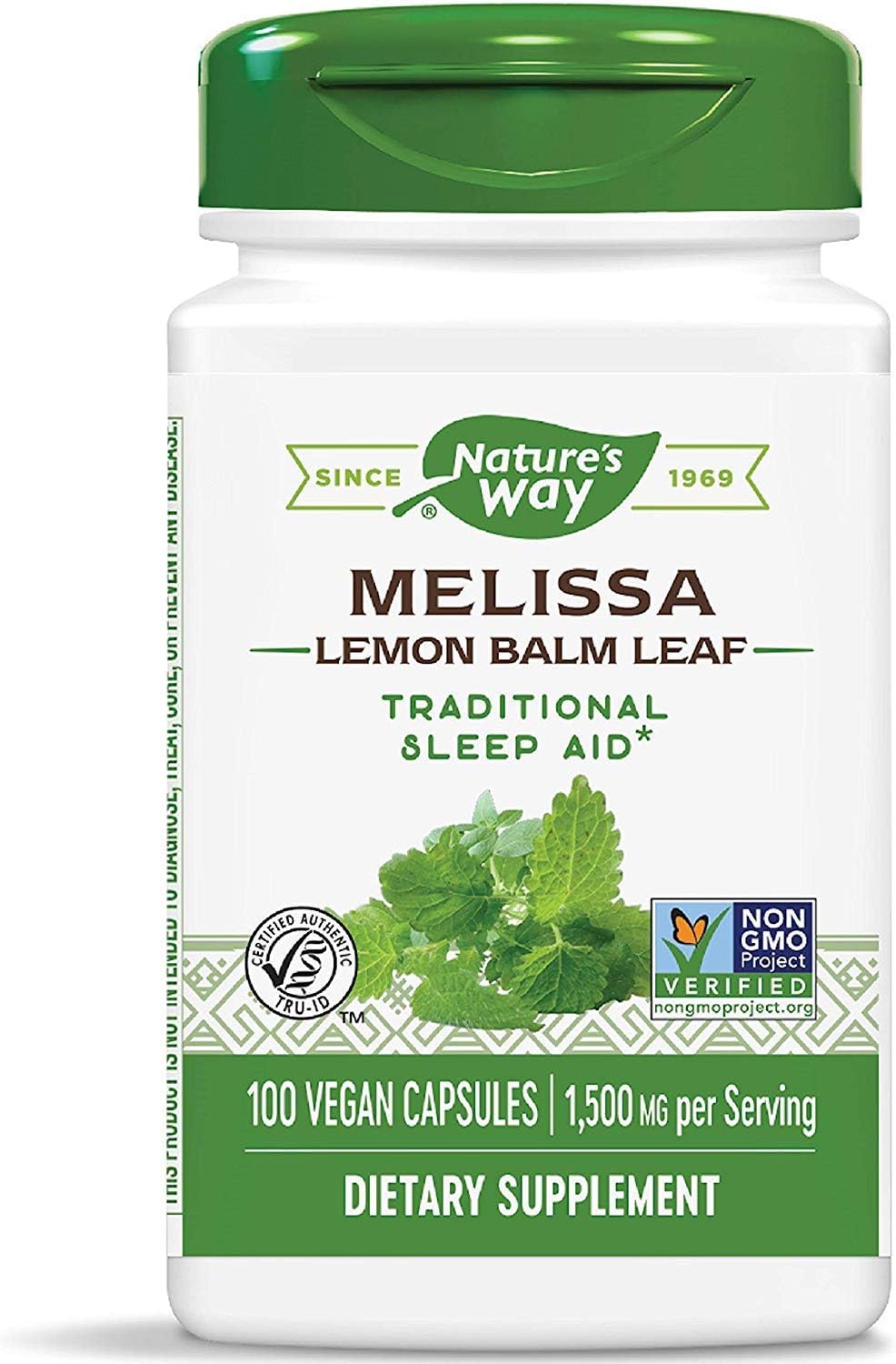 Nature's Way Melissa Lemon Balm Leaf 1500 mg 100 Vegetarian Capsules front bottle view for herbal relaxation
