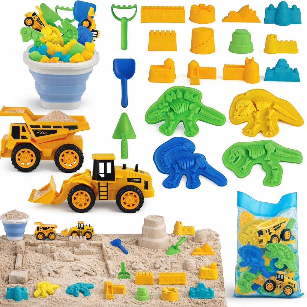 Toy Life dinosaur beach toy set with construction cars front view