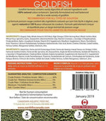 Northfin Goldfish Fish Food back label detailing ingredients and feeding guide