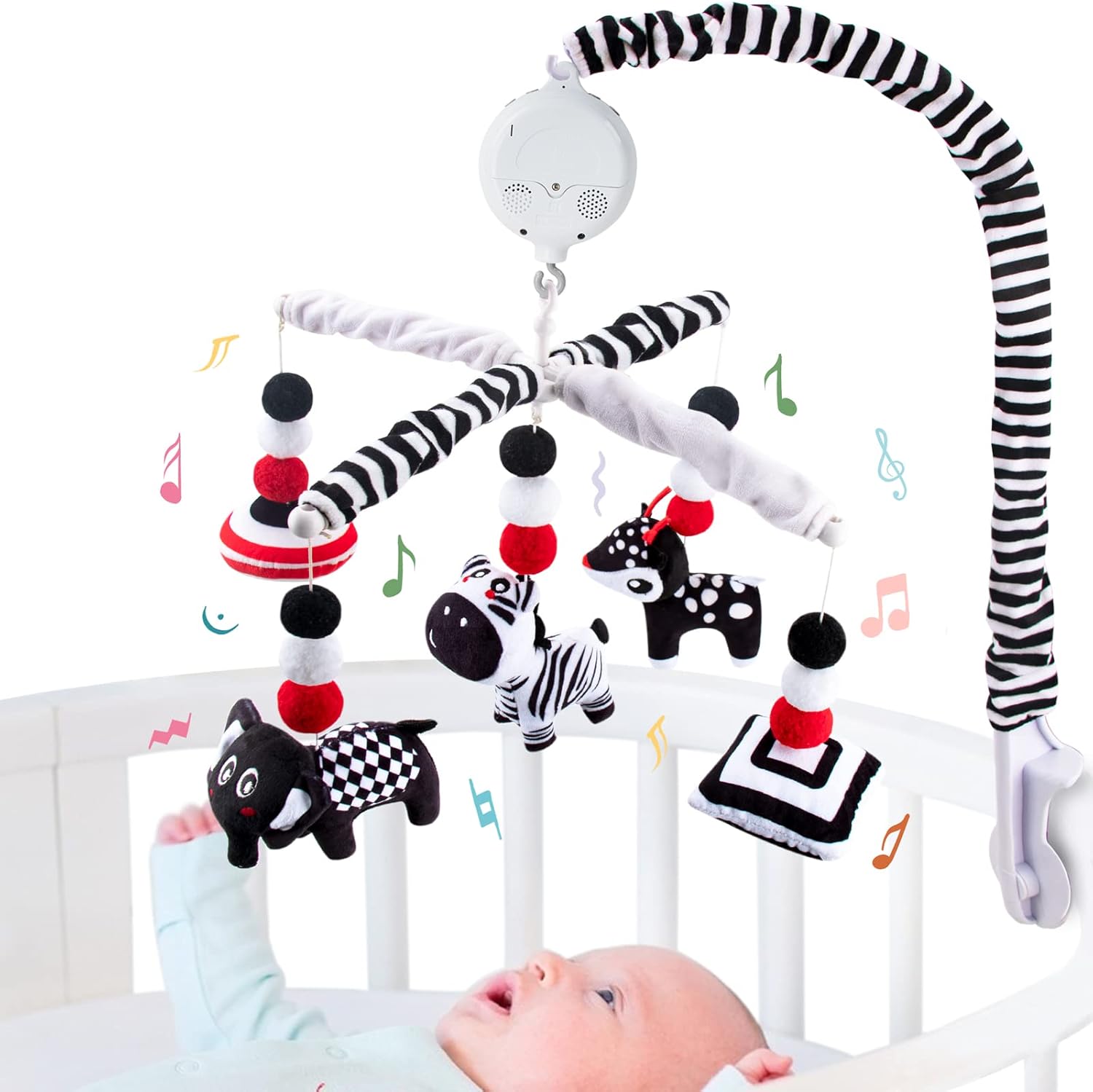 Teytoy My First Baby Crib Mobile front view showing black and white high contrast hanging plush animals on a nursery crib.