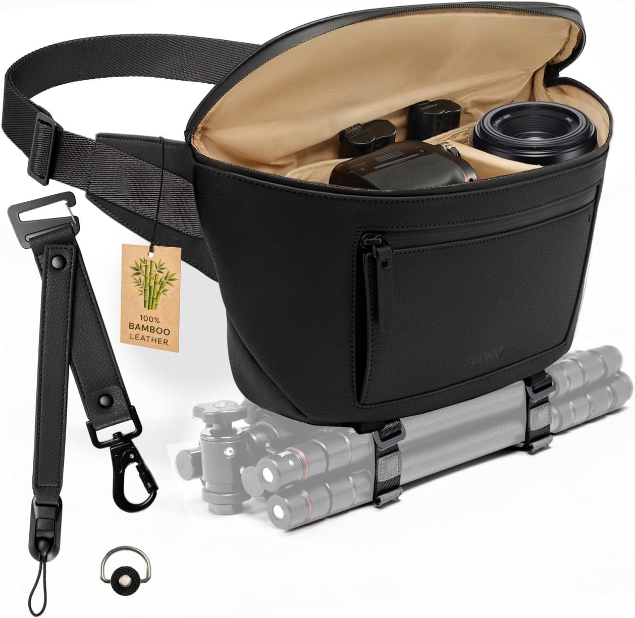 C Coiro Leather Camera Sling Bag front view showing premium black bamboo eco leather finish.