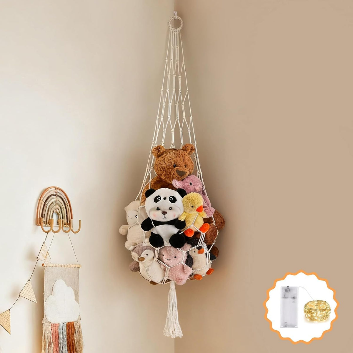 Ceretia stuffed animal hammock corner net with LED lights front view