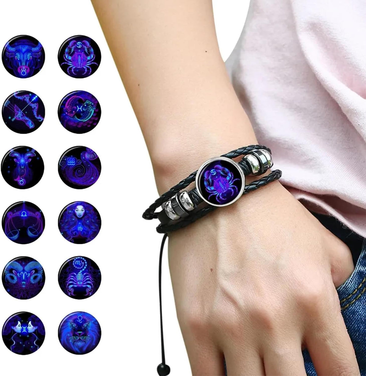 NORLSO handmade woven zodiac bracelet worn on wrist