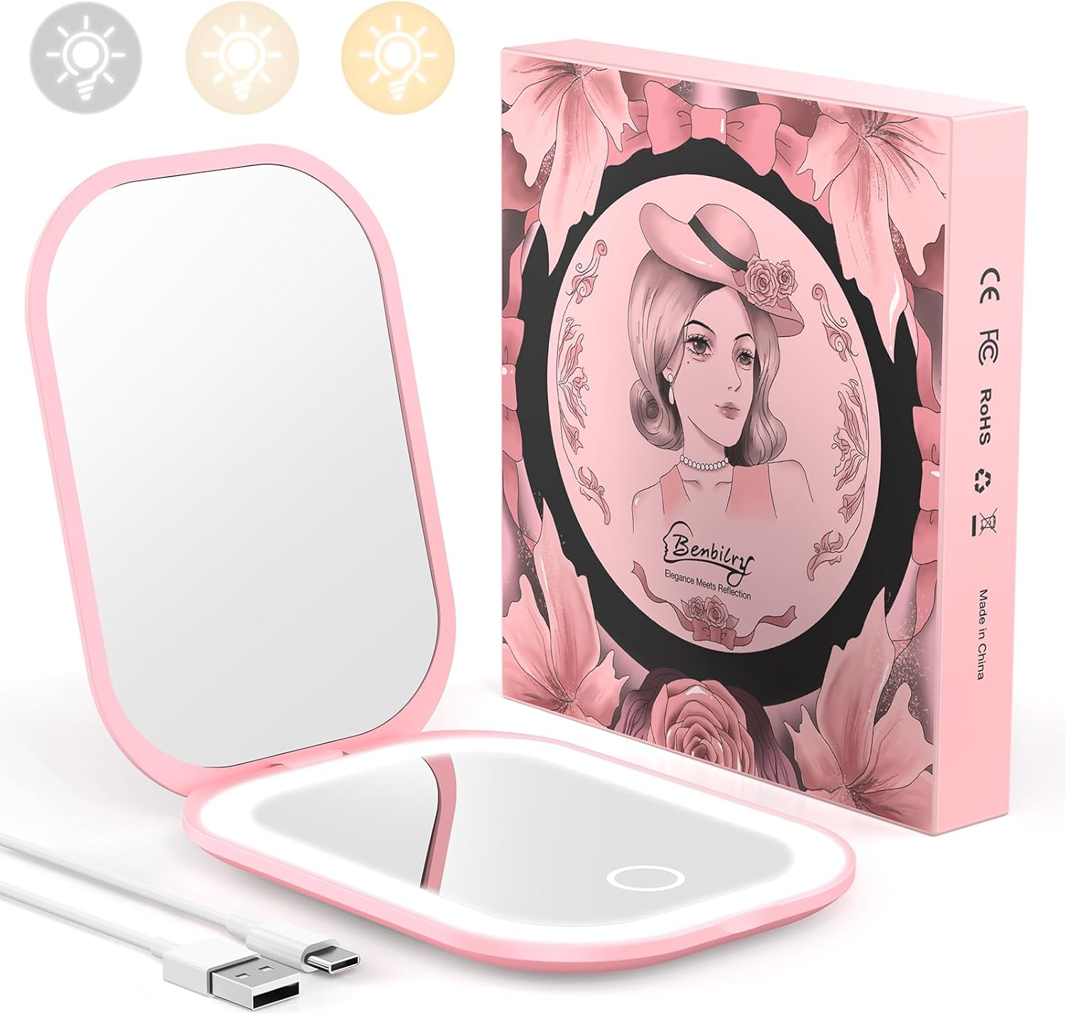 Benbilry ultra slim pocket mirror with light front view showing pink casing