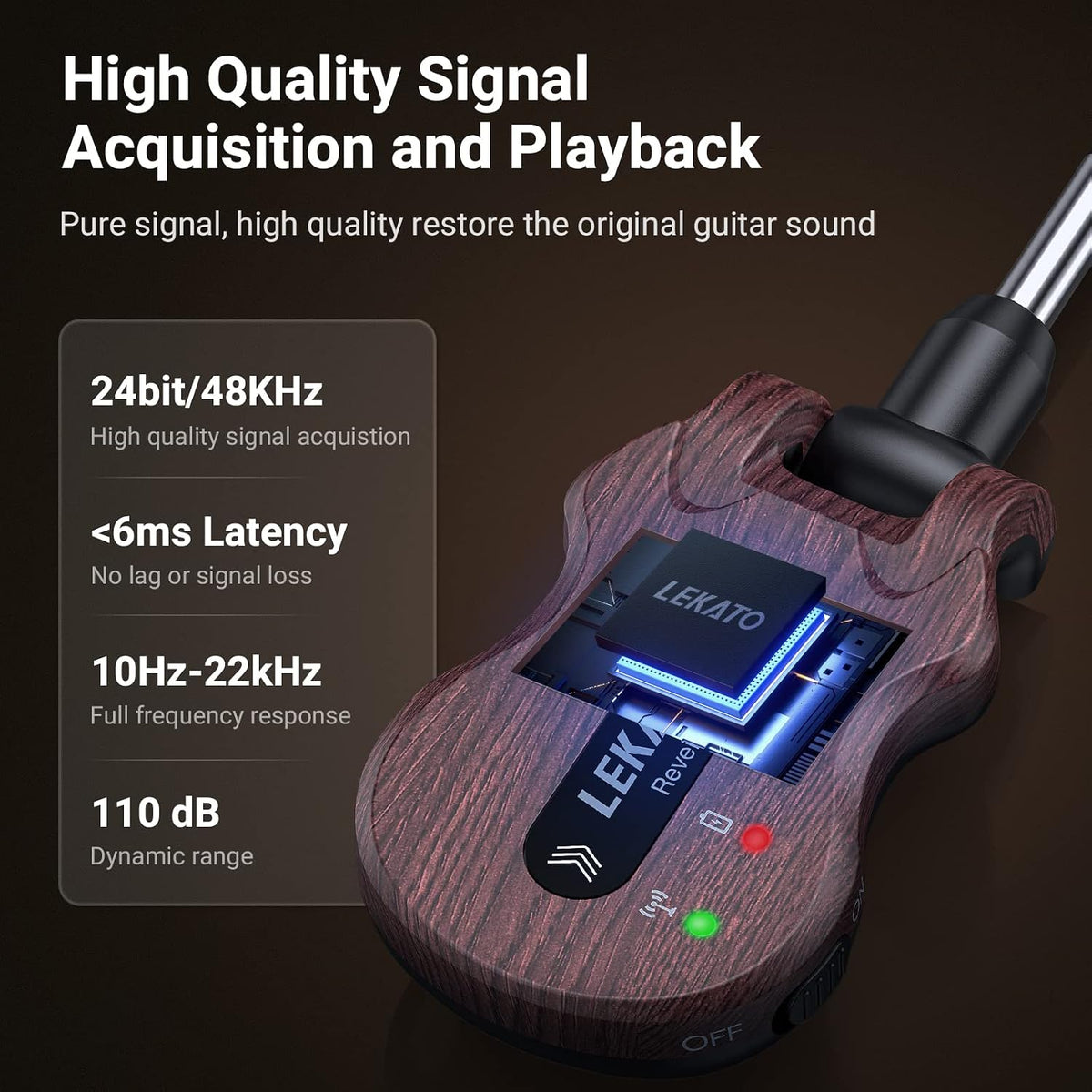 LEKATO 5.8GHz wireless guitar system plugged into electric guitar