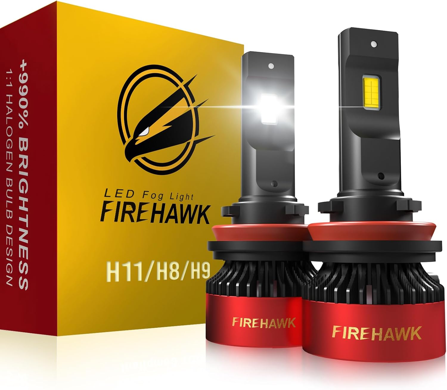 Firehawk H11 LED fog light bulbs retail box front view showing technical features