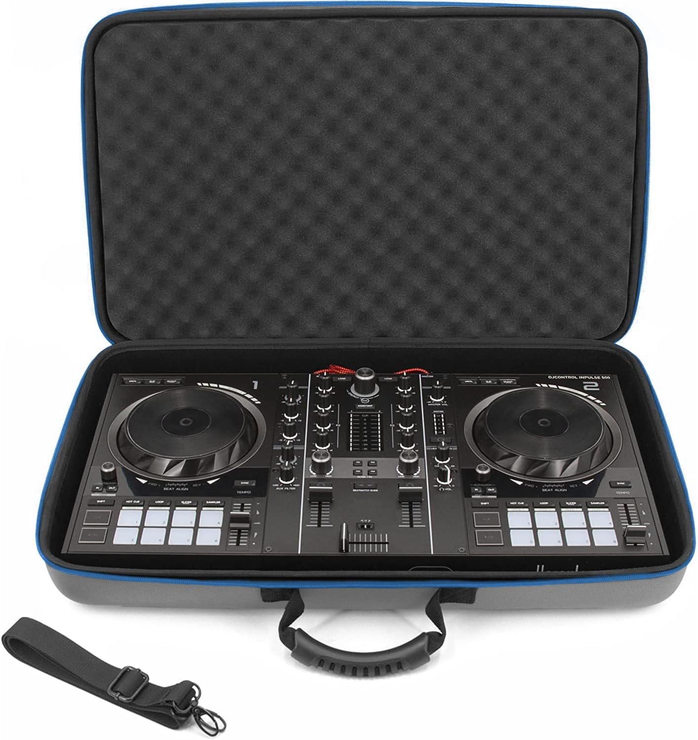CASEMATIX DJ controller travel case front view with shoulder strap
