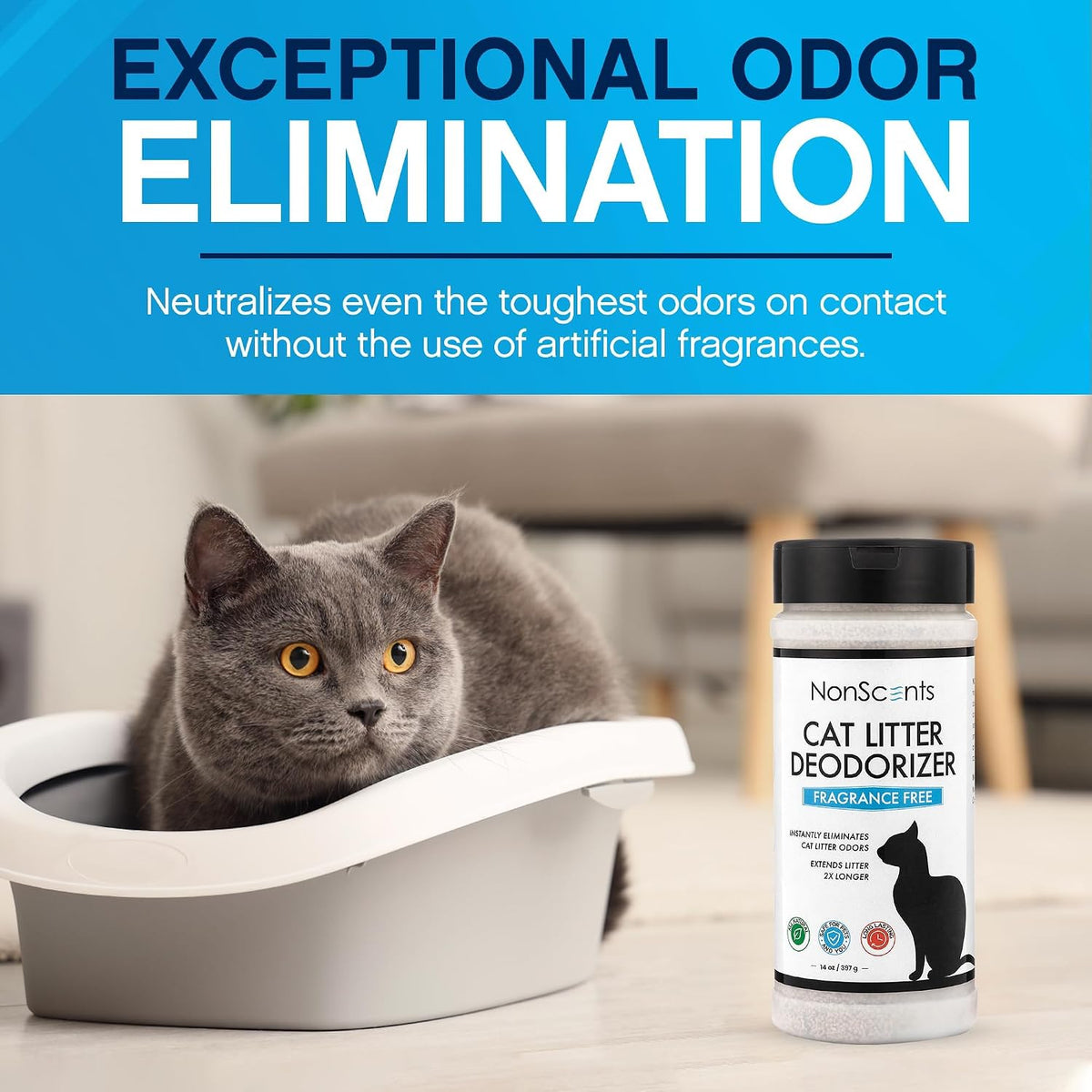 NonScents fragrance free cat litter box professional strength odor neutralizer powder packaging