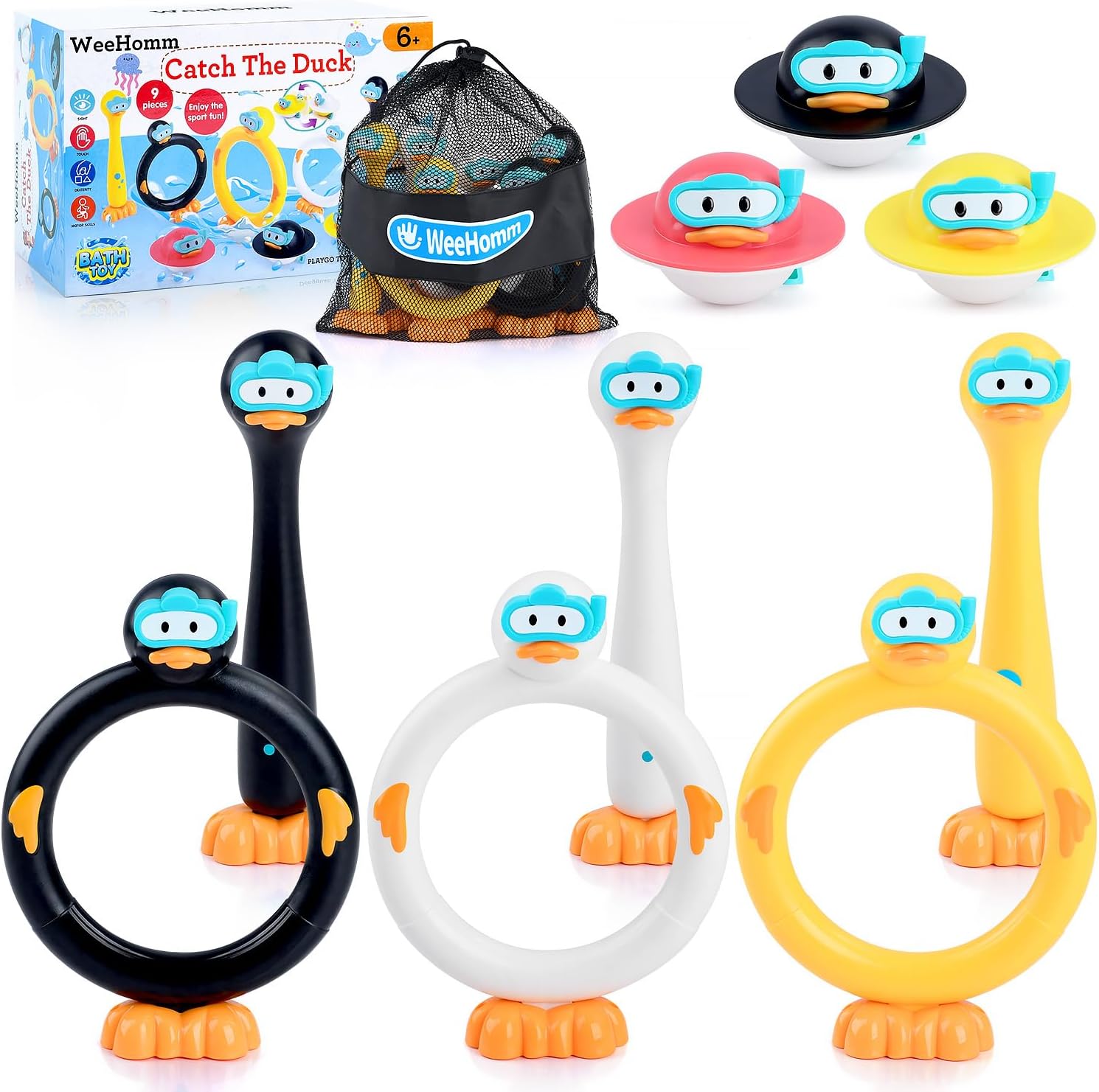 WeeHomm swimming pool diving toys front view showing complete nine piece duck set