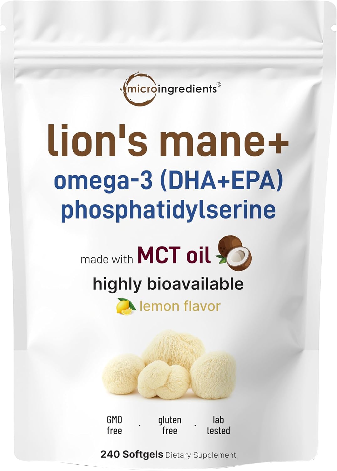 Micro Ingredients Lion's Mane Omega-3 softgels front view pouch packaging