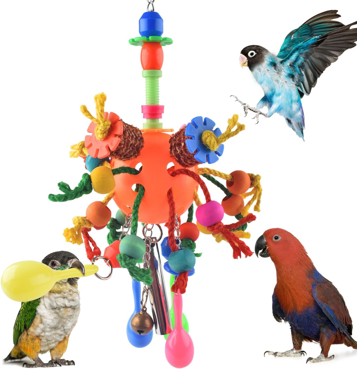 KATUMO bird foraging toy front view hanging in a cage