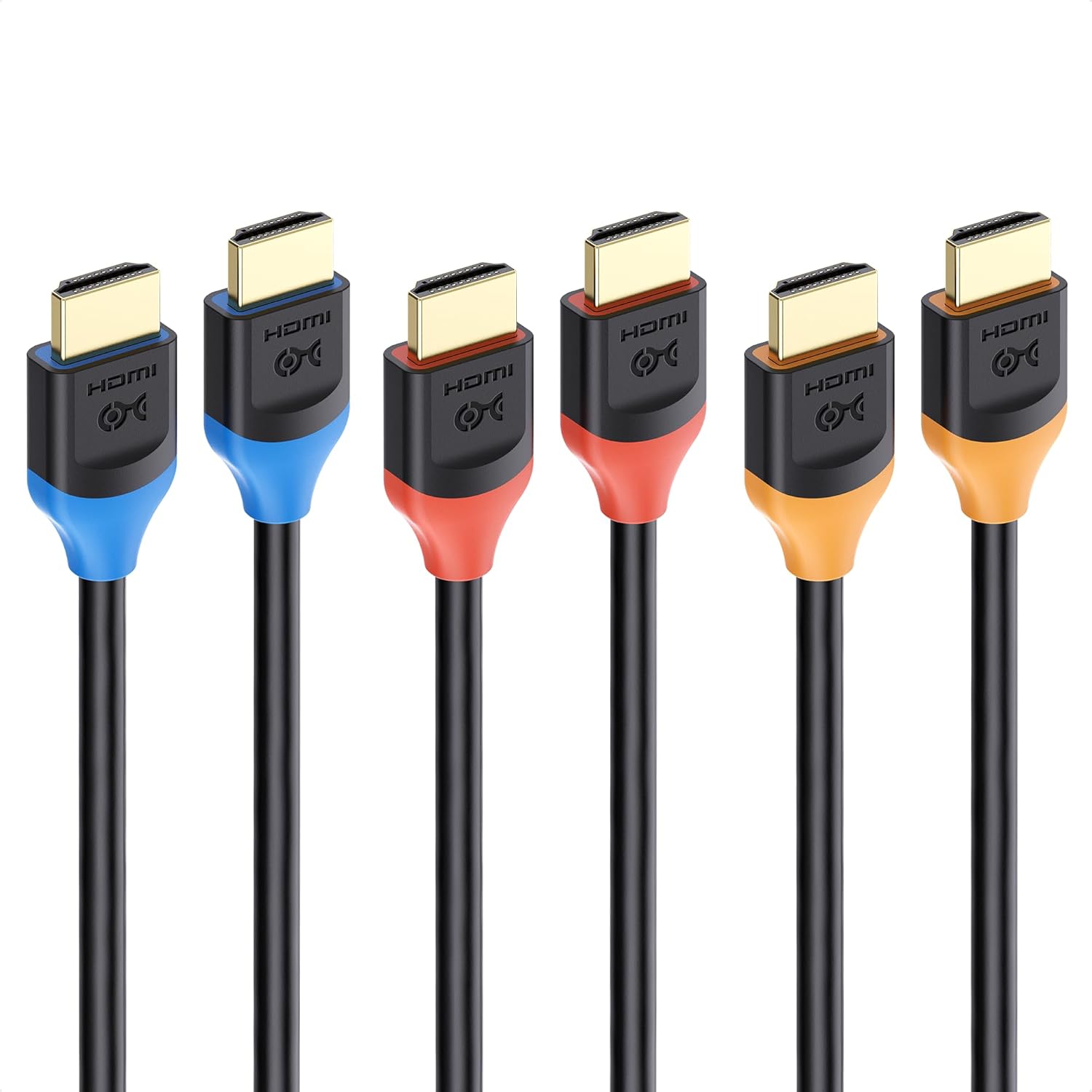Cable Matters Ultra High Speed HDMI Certified 3 Pack front view showing color coded connectors.
