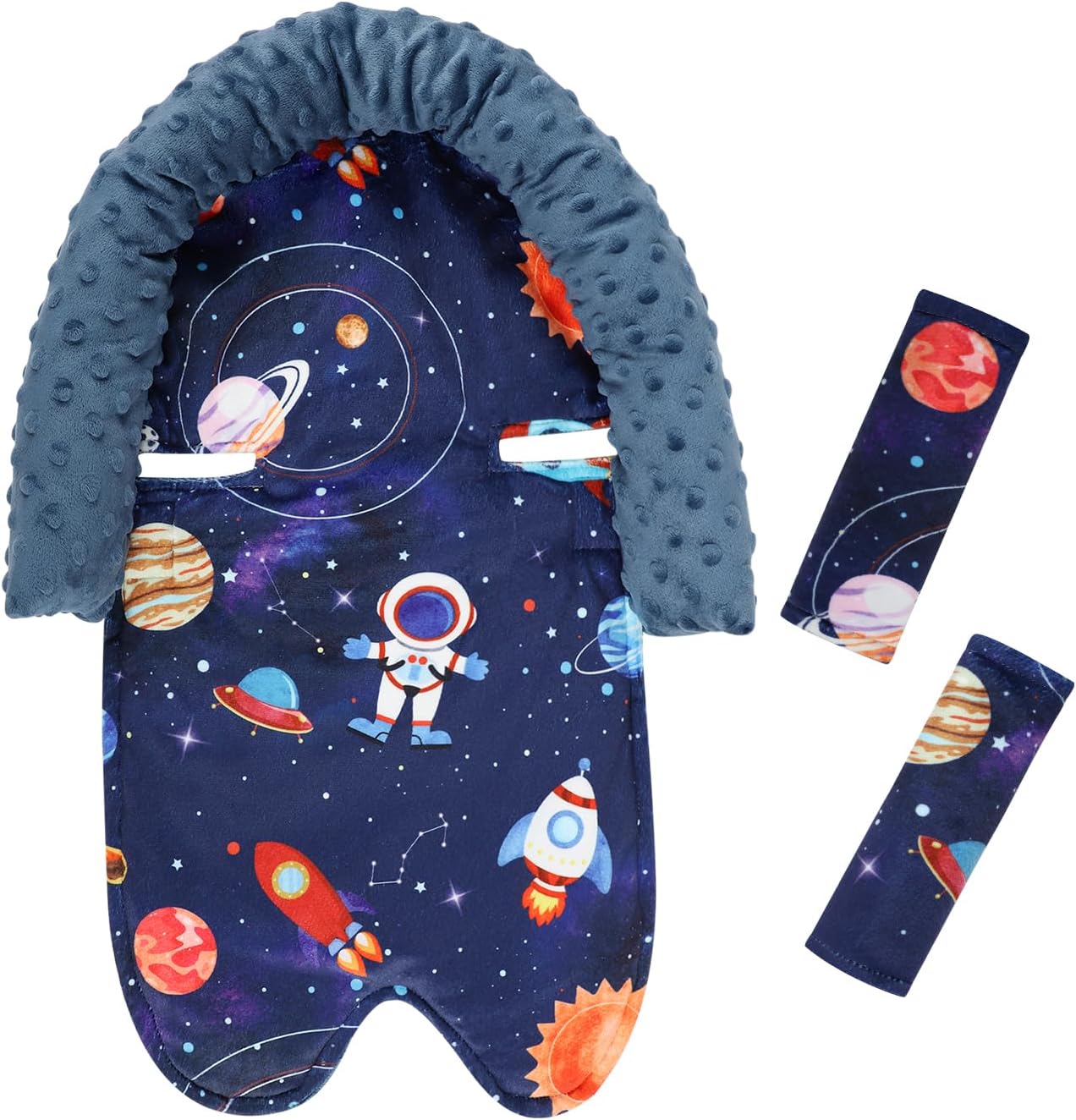 SWESEN baby head support and strap cover front view showcasing the blue space theme with rocket prints.