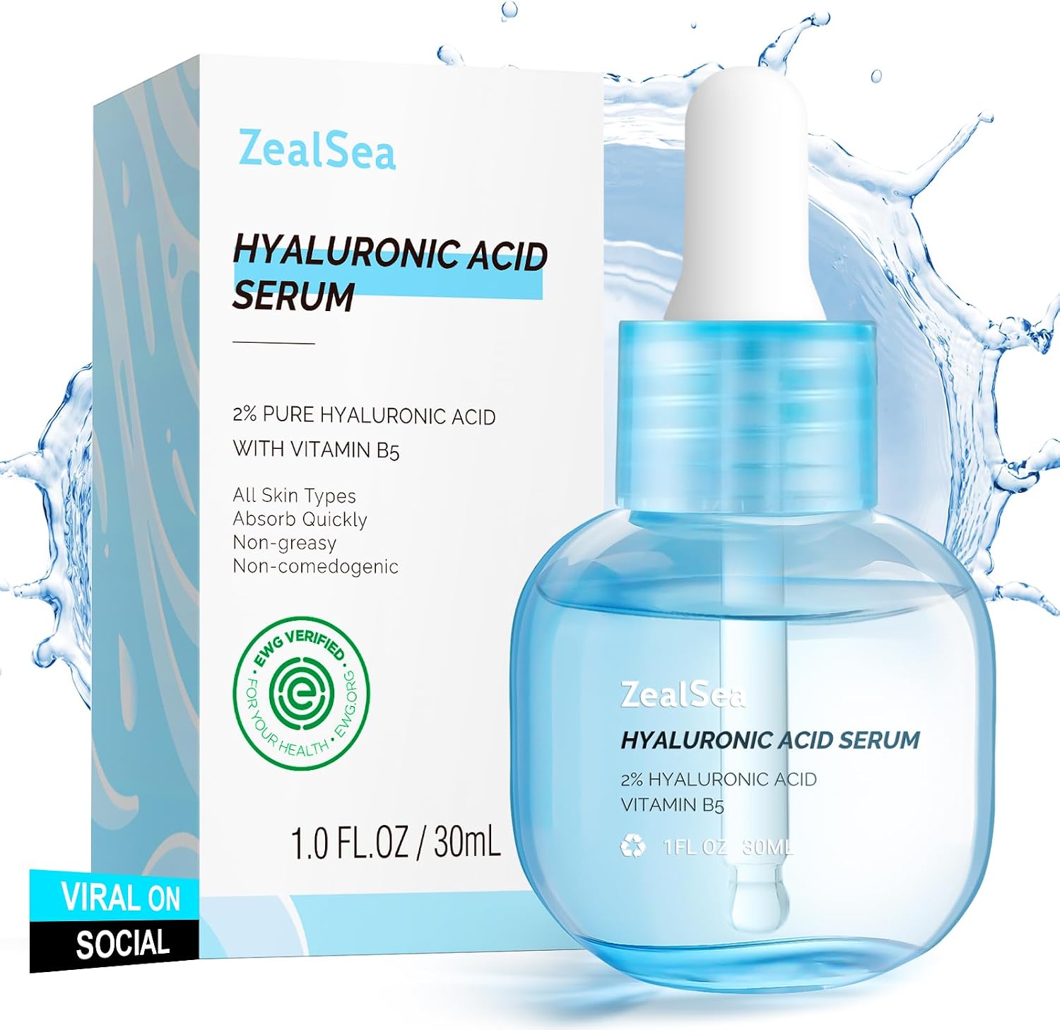 ZealSea EWG Hyaluronic Acid Face Serum front view of dropper bottle for deep hydration