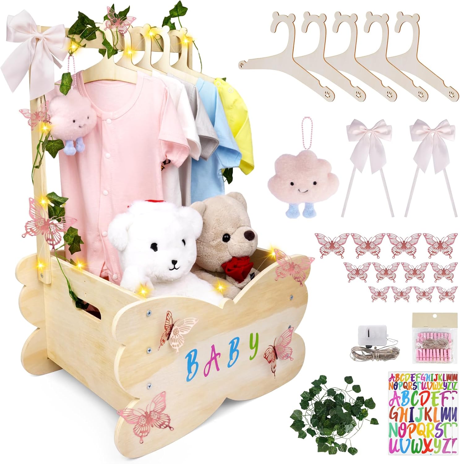 FVNPIHAM wooden baby shower closet crate basket front view filled with newborn gifts and illuminated by LED lights