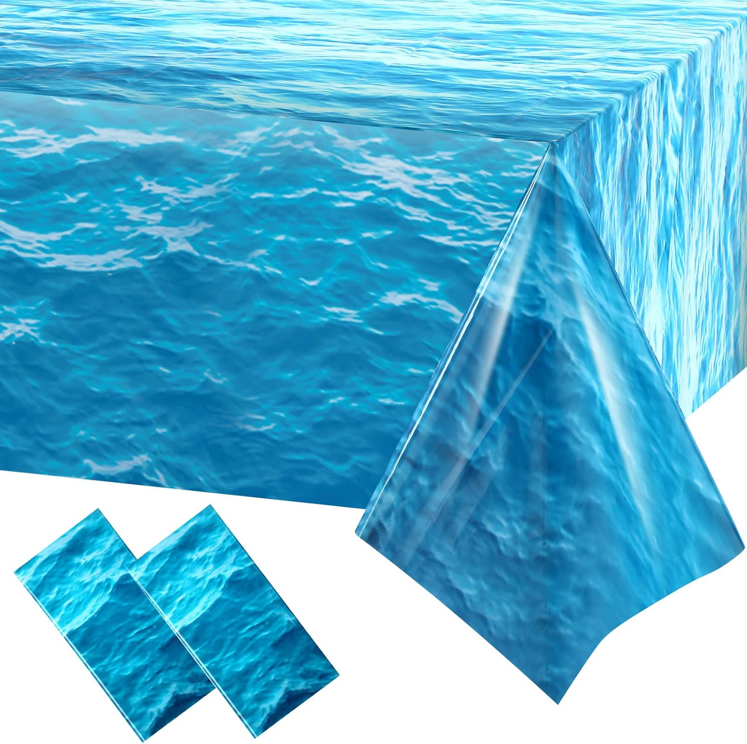 Irenare ocean waves plastic tablecloth front view displayed on a rectangular party table.