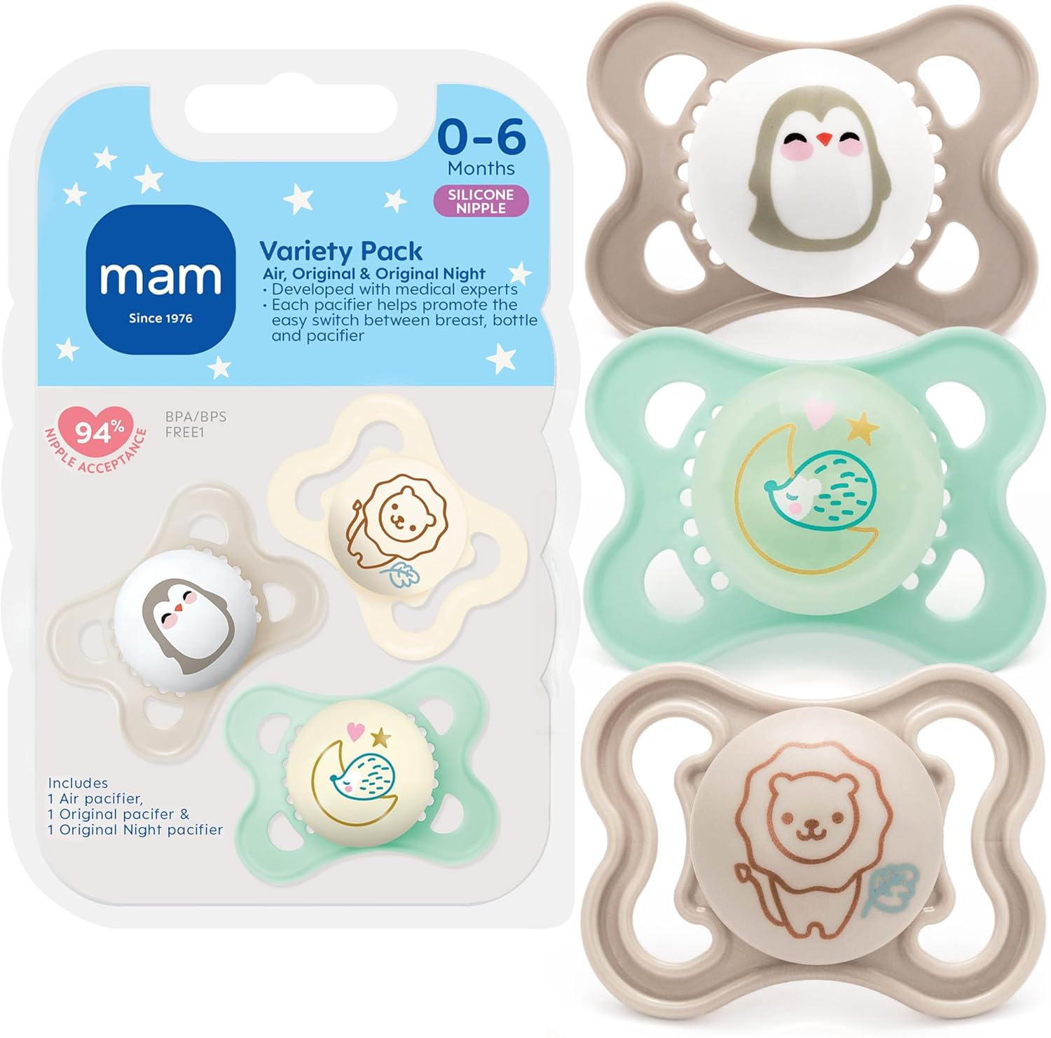 MAM variety pack baby pacifier 3 count set front view