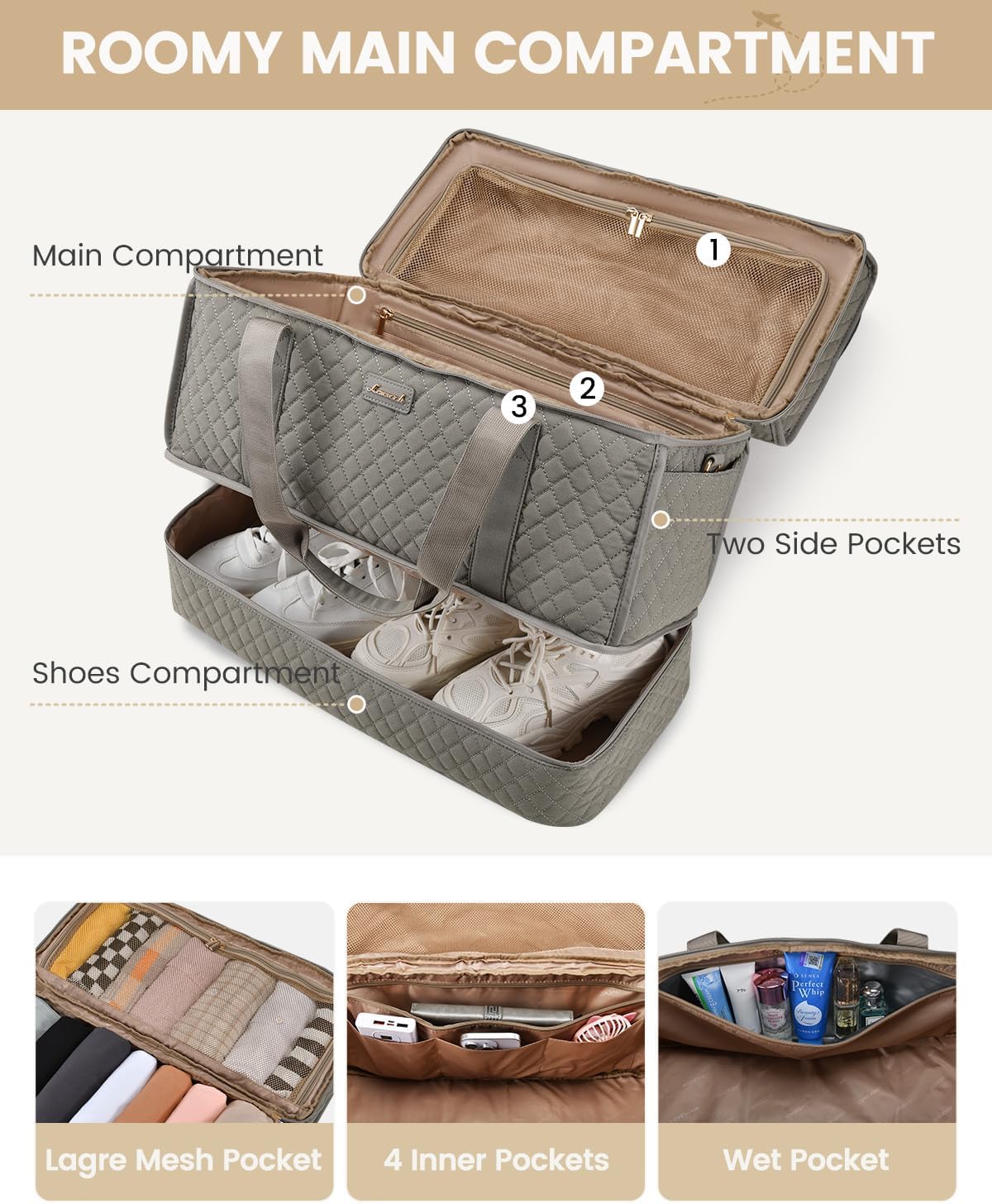 LOVEVOOK travel bag highlighting the separate bottom shoe compartment