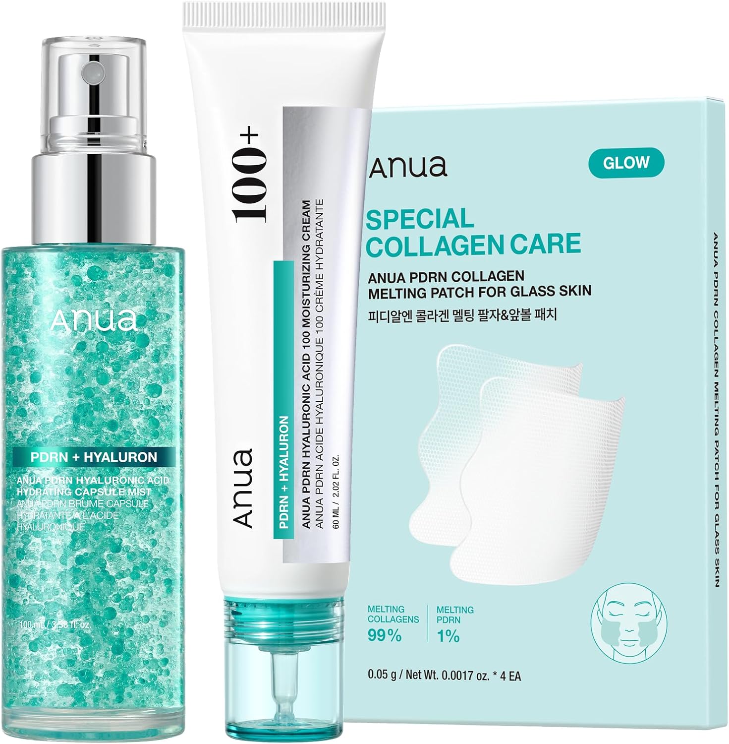 Anua PDRN Collagen Glass Skin Trio front view of complete three piece packaging box.