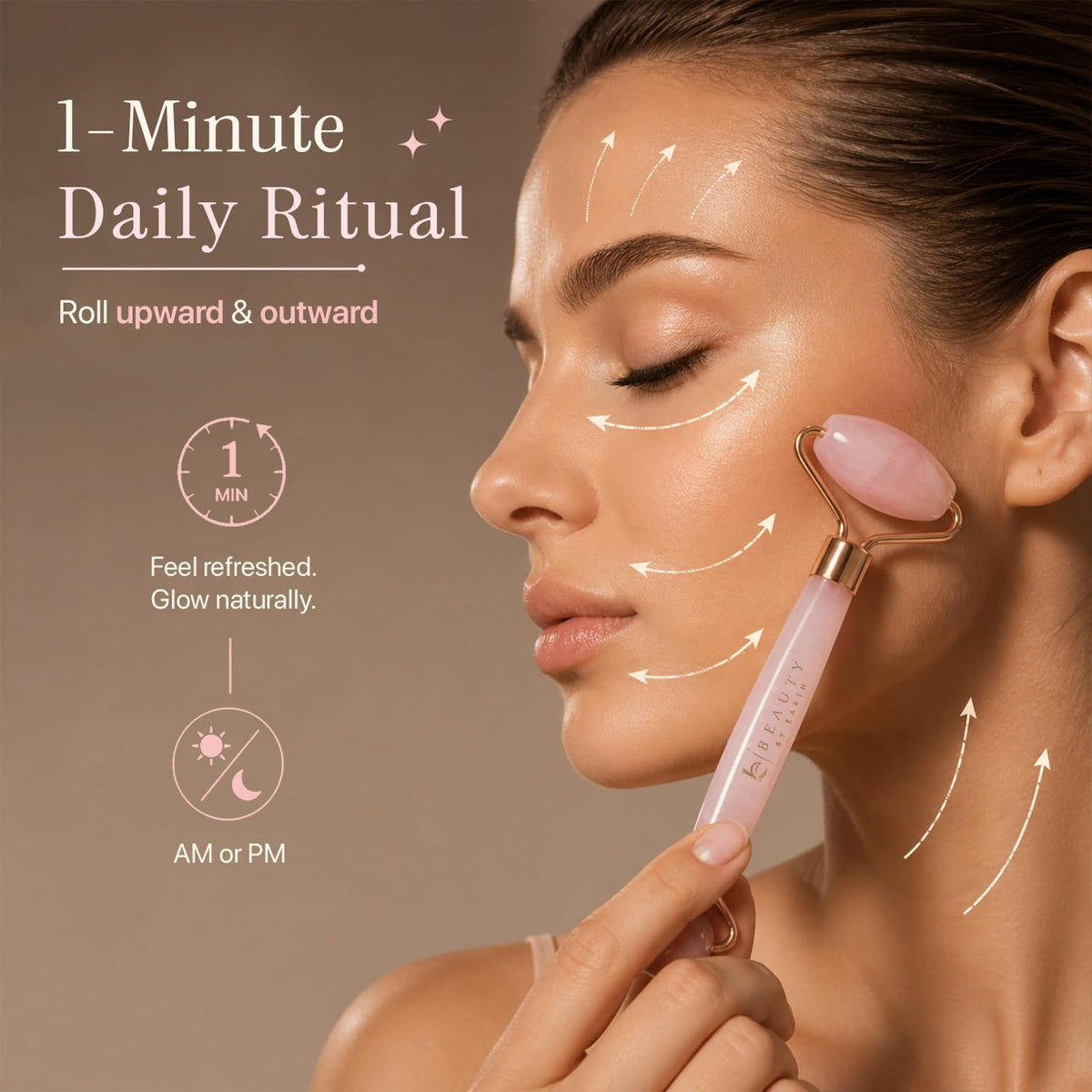 Beauty by Earth rose quartz face roller hardware and frame close-up