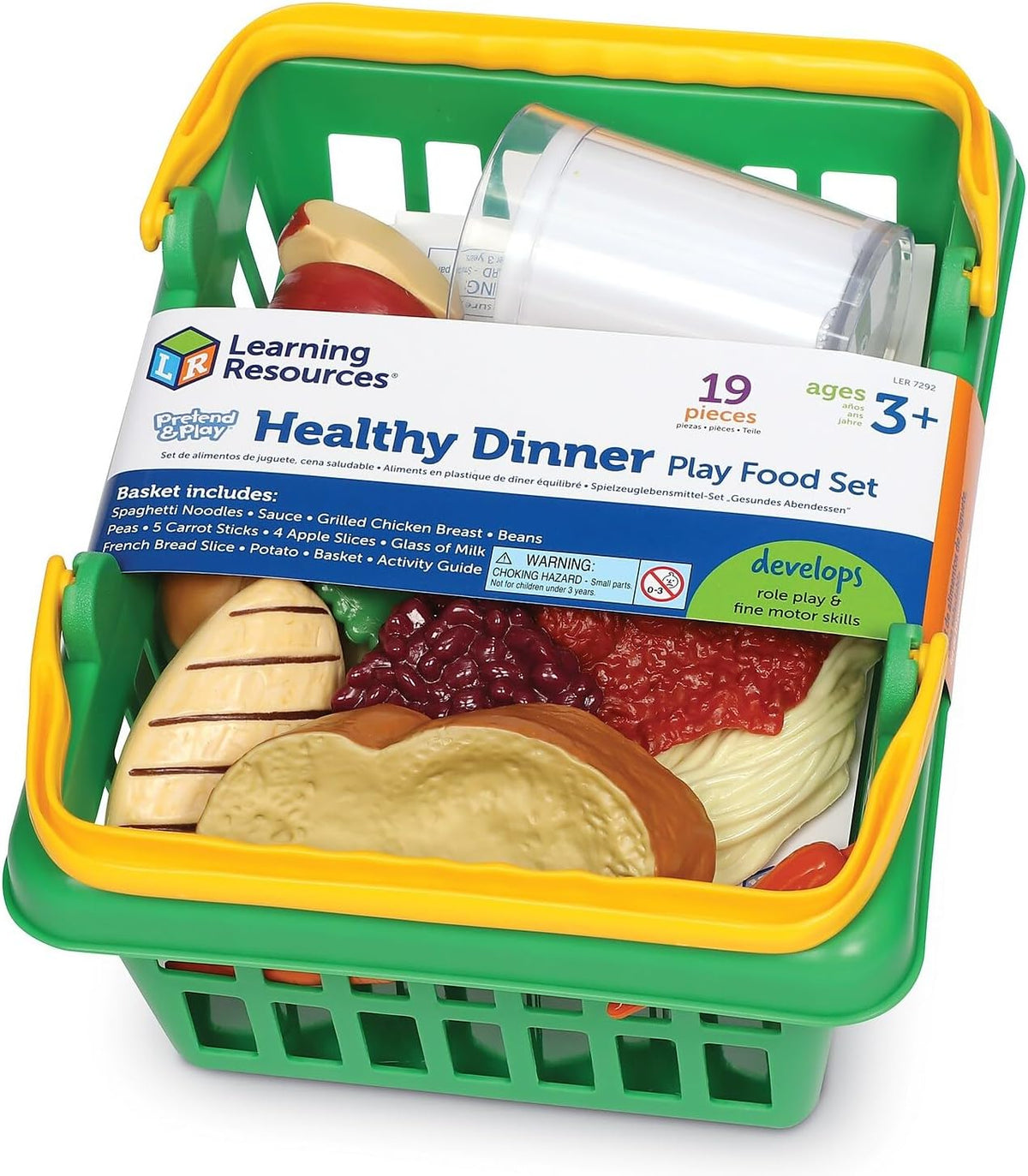 Toddler hands interacting with realistic dinner food play set items