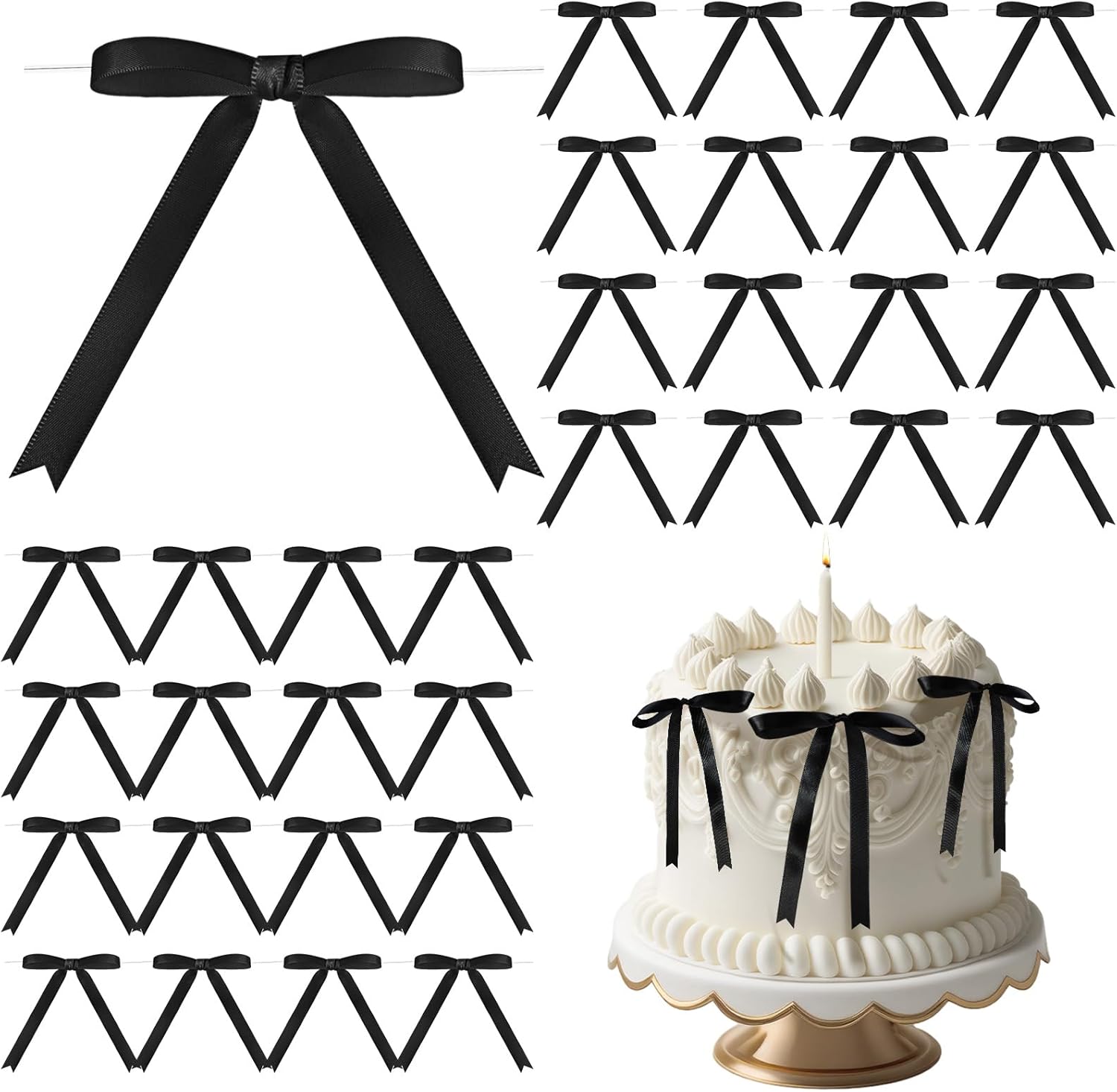 Riceshoot black satin ribbon twist tie bows front view on treat bags