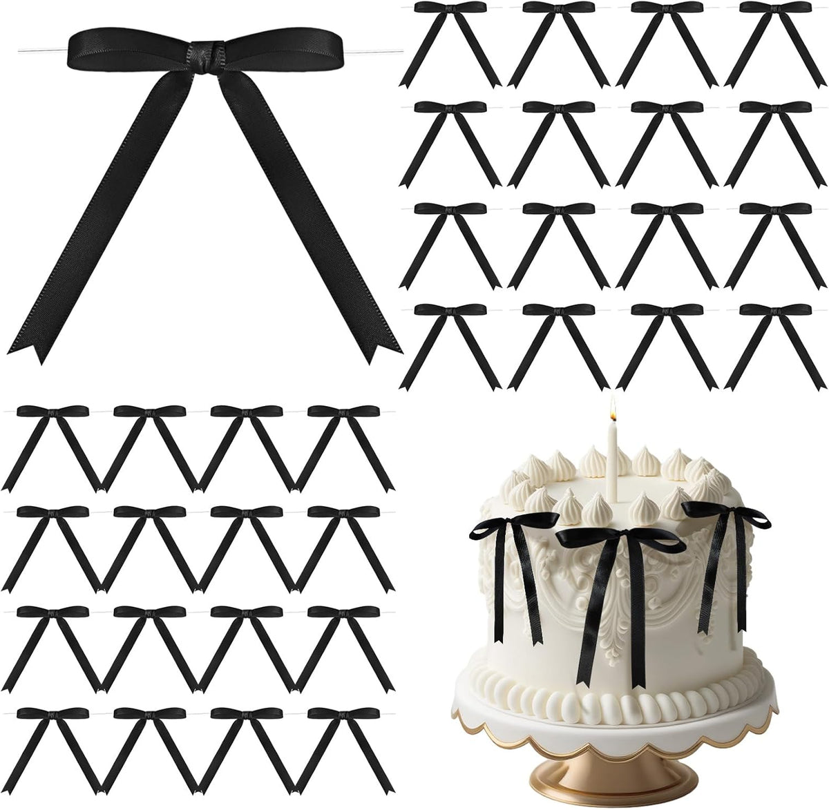 Riceshoot black satin ribbon twist tie bows front view on treat bags