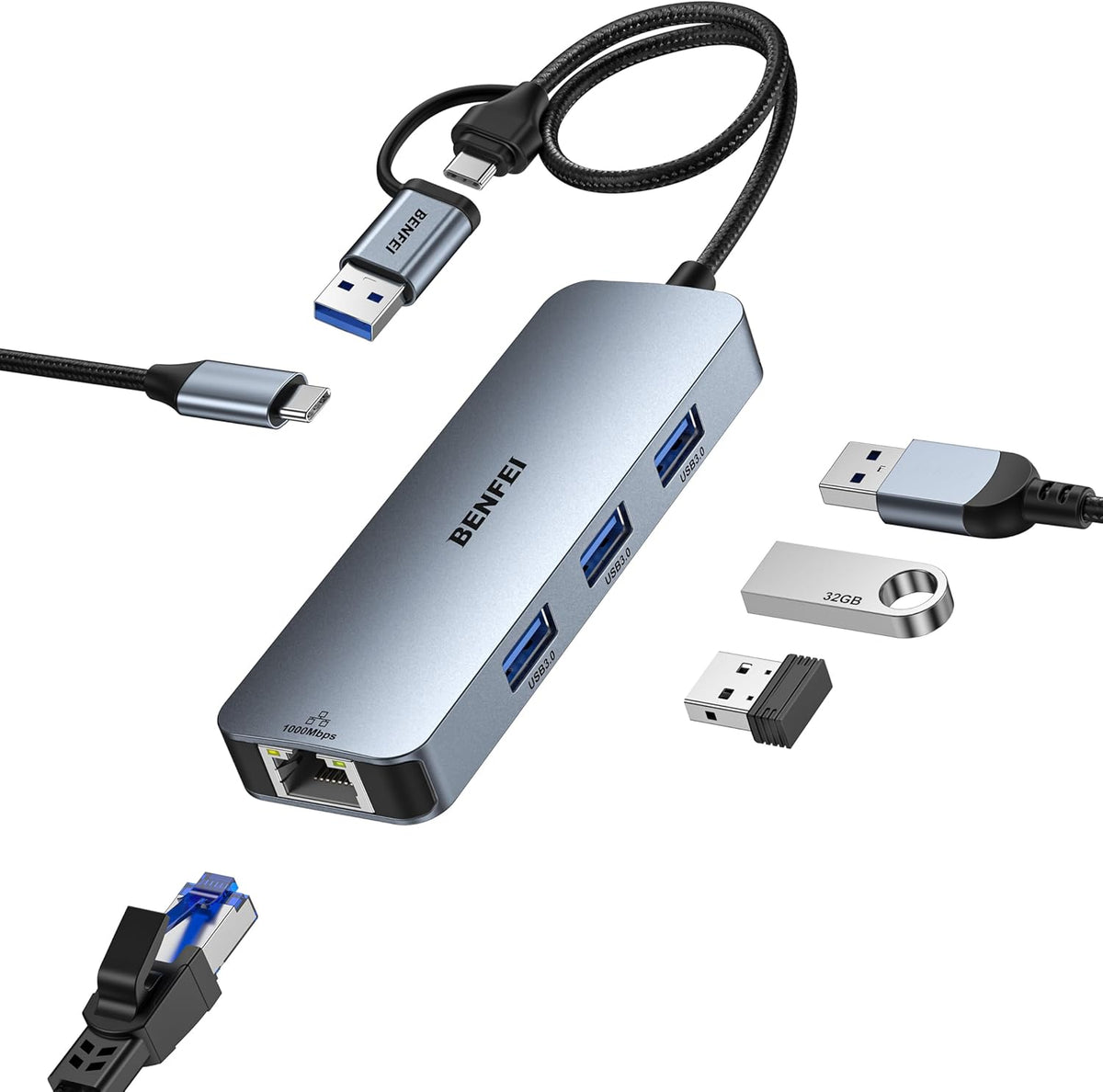 BENFEI USB Type C to Gigabit Ethernet Adapter front view displaying premium silver aluminum casing and braided nylon cord.
